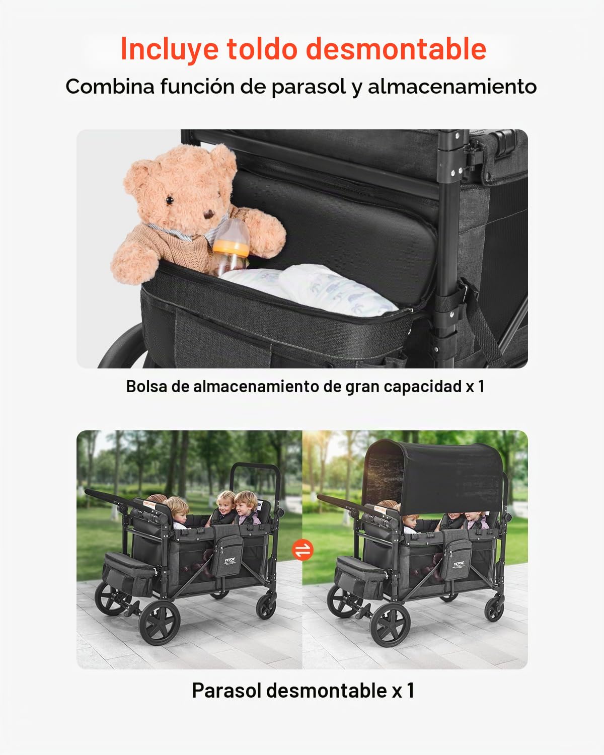 VEVOR Cochecito Plegable para 4 Niños, Acero al Carbono, con Asa Ajustable, Arnés de Seguridad y Capota Extraíble, 4 Plazas, para Camping, Gris Oscuro y Negro(Carga 150 kg), 1650 x 725 x 1250 mm