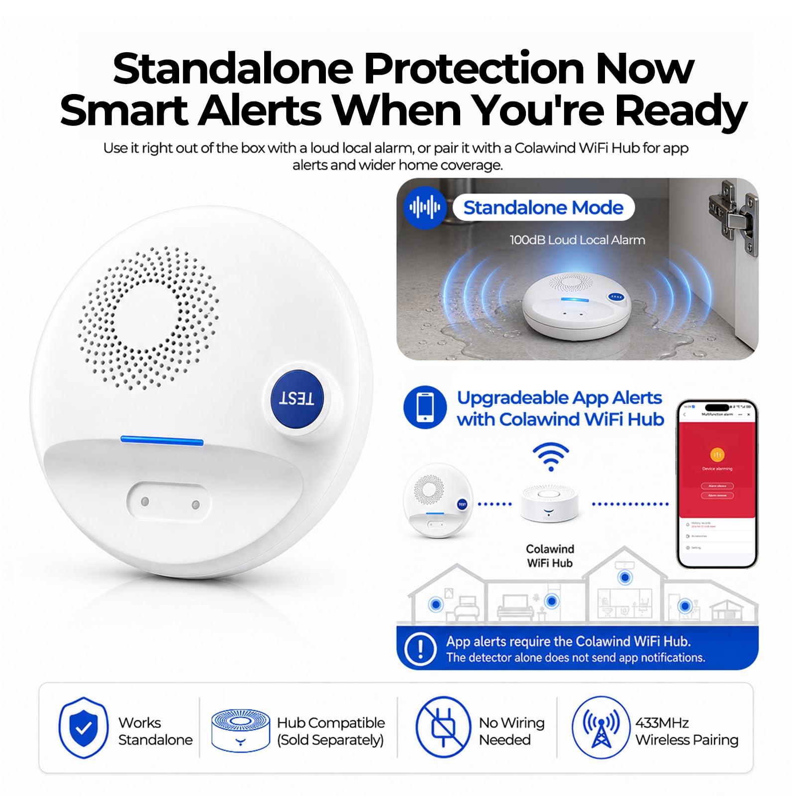 Detector de Fugas de Agua inalámbrico con Doble sonda – Alarma 100 dB, IP67 Resistente al Agua, Funciona autónomo o con Smart Hub, para sótano, Cocina, lavandería & baño
