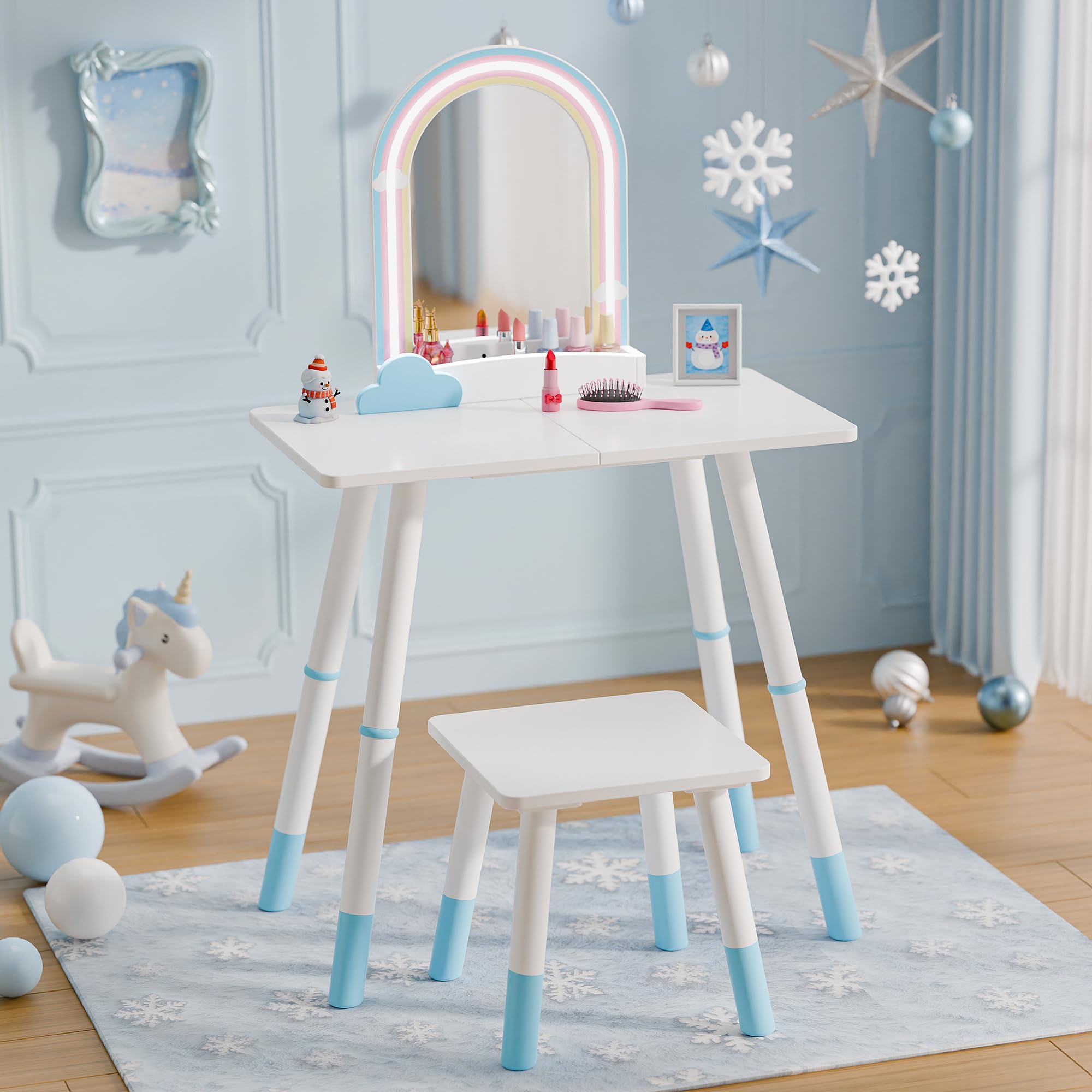 TOLEAD Kids Vanity Table and Chair Set, Kids Vanity with Lights, Princess Makeup Vanity Desk, Girls Vanity Set with Stool, Toddler Make Up Vanity Desk