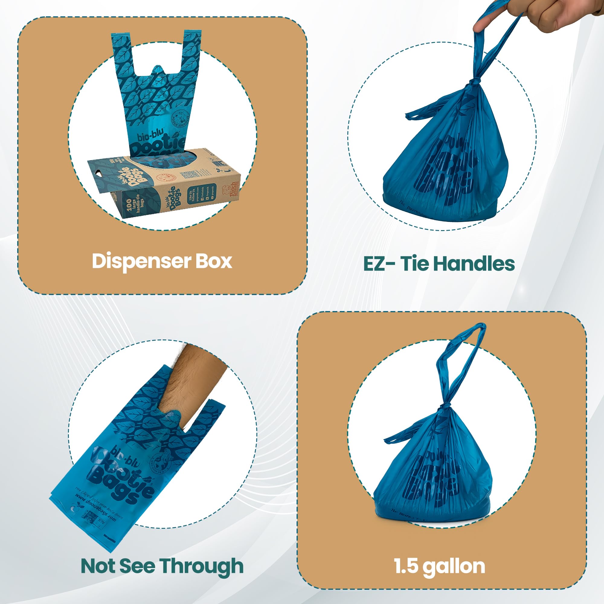 Bio-Blu Dootie Bags®, bolsas de excrementos de alta calidad, medianas y grandes, con asa de corbata E-Z, hechas con material superior, fuerte, a prueba de fugas, 100 unidades. Se adapta a las