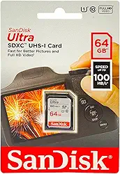 SanDisk Cartão de memória Ultra SDXC UHS-I de 64 GB - 100 MB/s, C10, U1, Full HD, cartão SD - SDSDUNR-064G-GN6IN