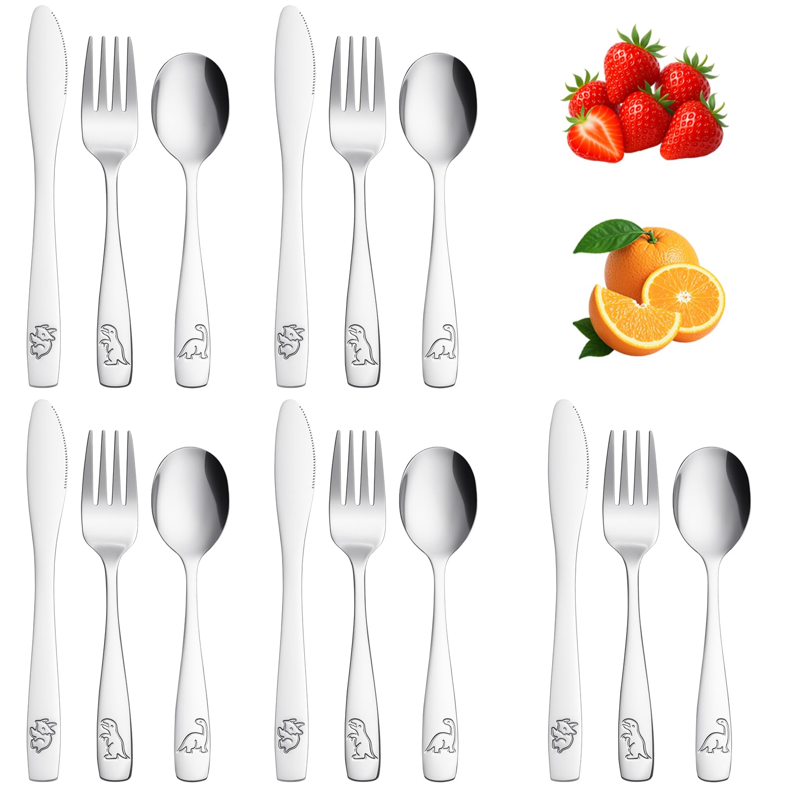 AUAUY 15pcs Stainless Steel Cutlery Set, Silver Dinosaur Flatware Set
