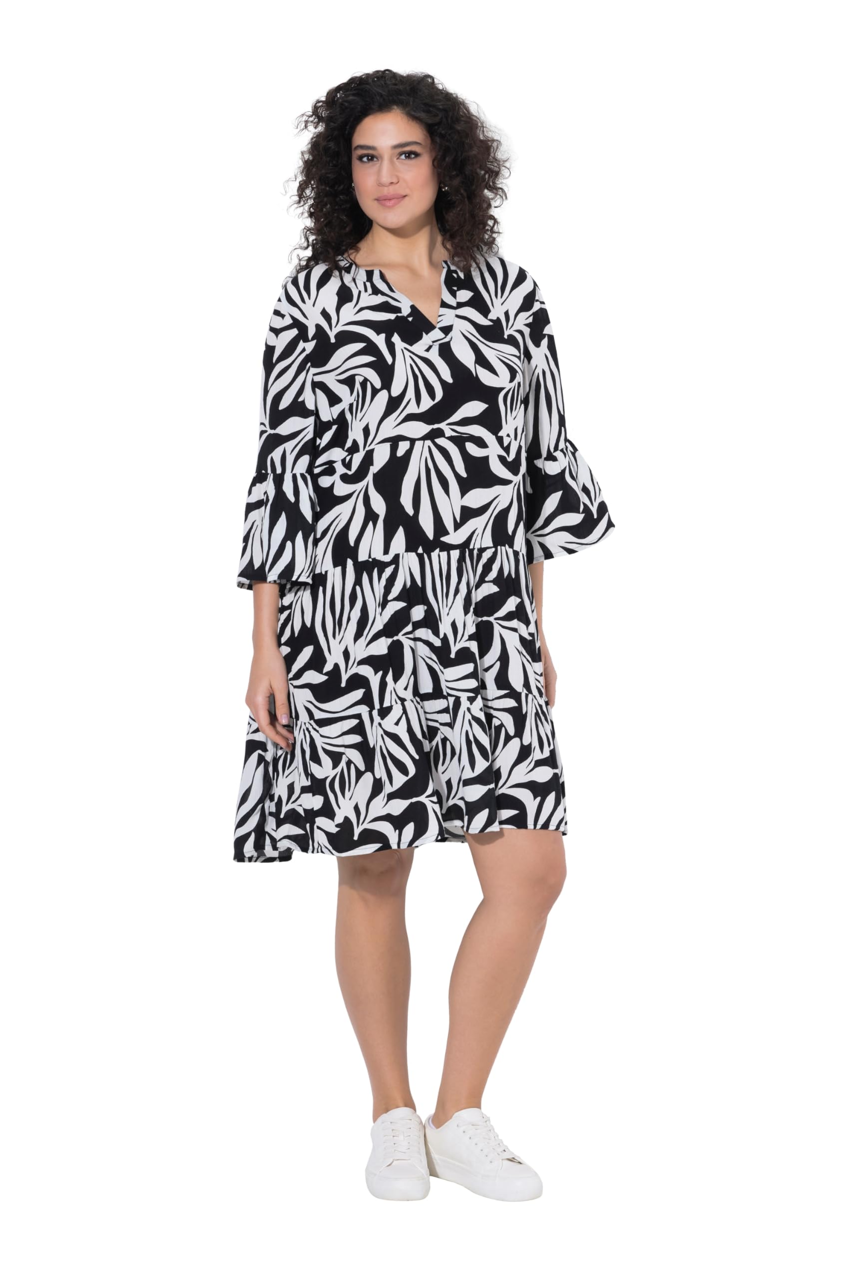 Ulla Popken Damen große Größen Übergrößen Plus Size Midikleid, A-Linie, V-Ausschnitt, 3/4-Arm 847789