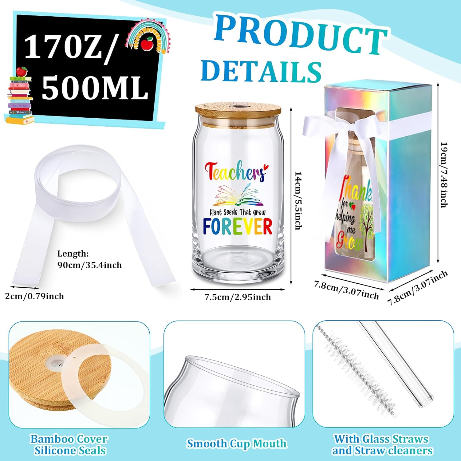 Layhit 12 Set Teacher Appreciation Gifts Glass Cups Bulk for Women Men 16 oz Thank You Drinking Cups Can Shaped Glass with Lids Straws and Gift Boxes for Multiple Teachers School Staff Preschool