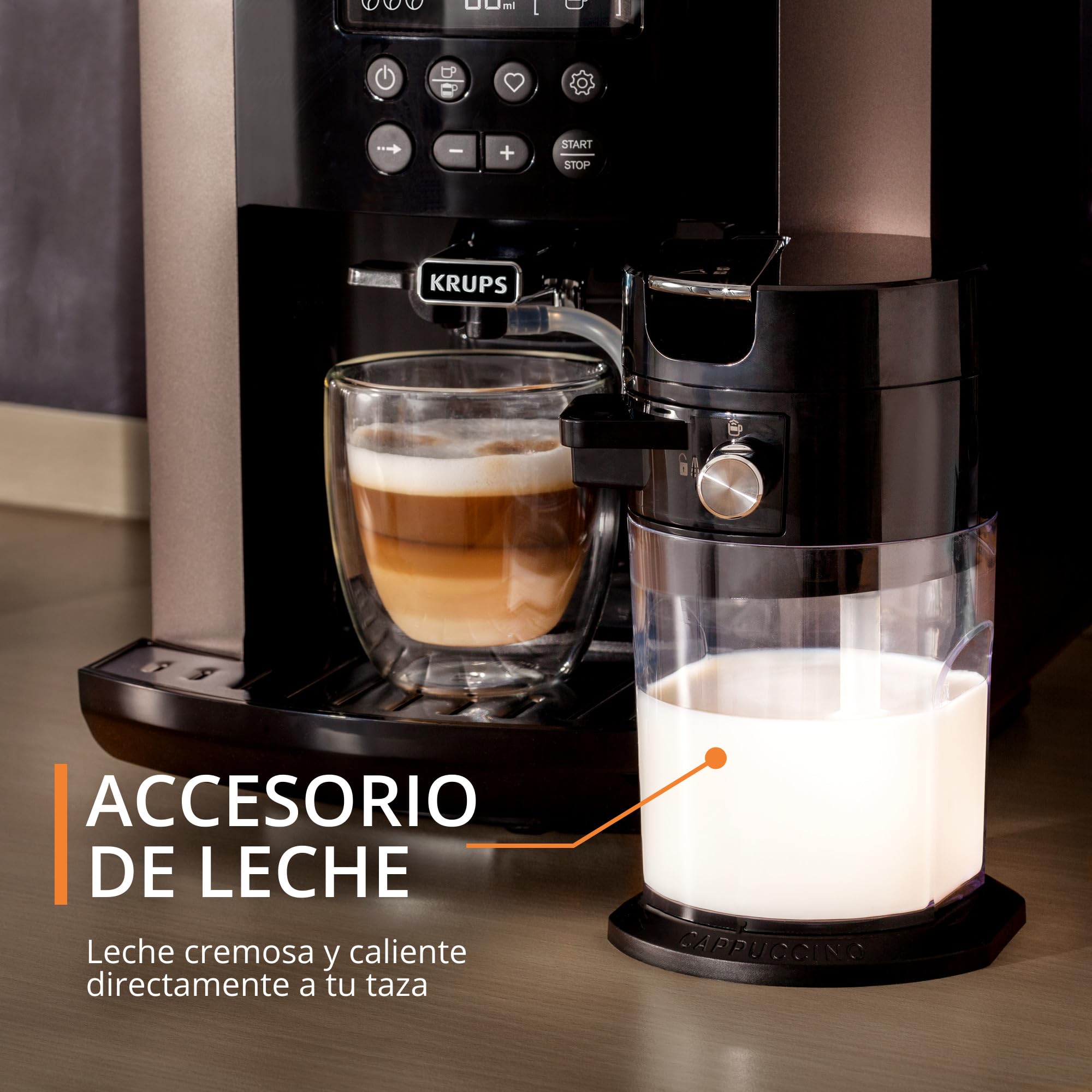 Krups Quattro Force Arabica Latte - Cafetera superautomática 15 bares, pantalla LCD, programas de leche y personalización bebidas, molinillo metálico profesional, modo limpieza, jarra leche