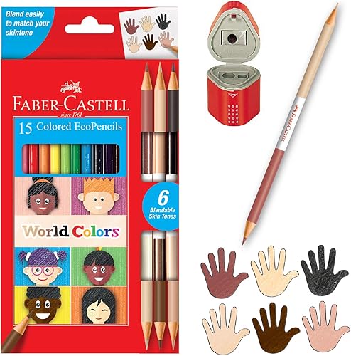 Faber-Castell World Colors Ecopencils - 15 lápices de colores y sacapuntas trío de agarre (el color del sacapuntas puede variar)