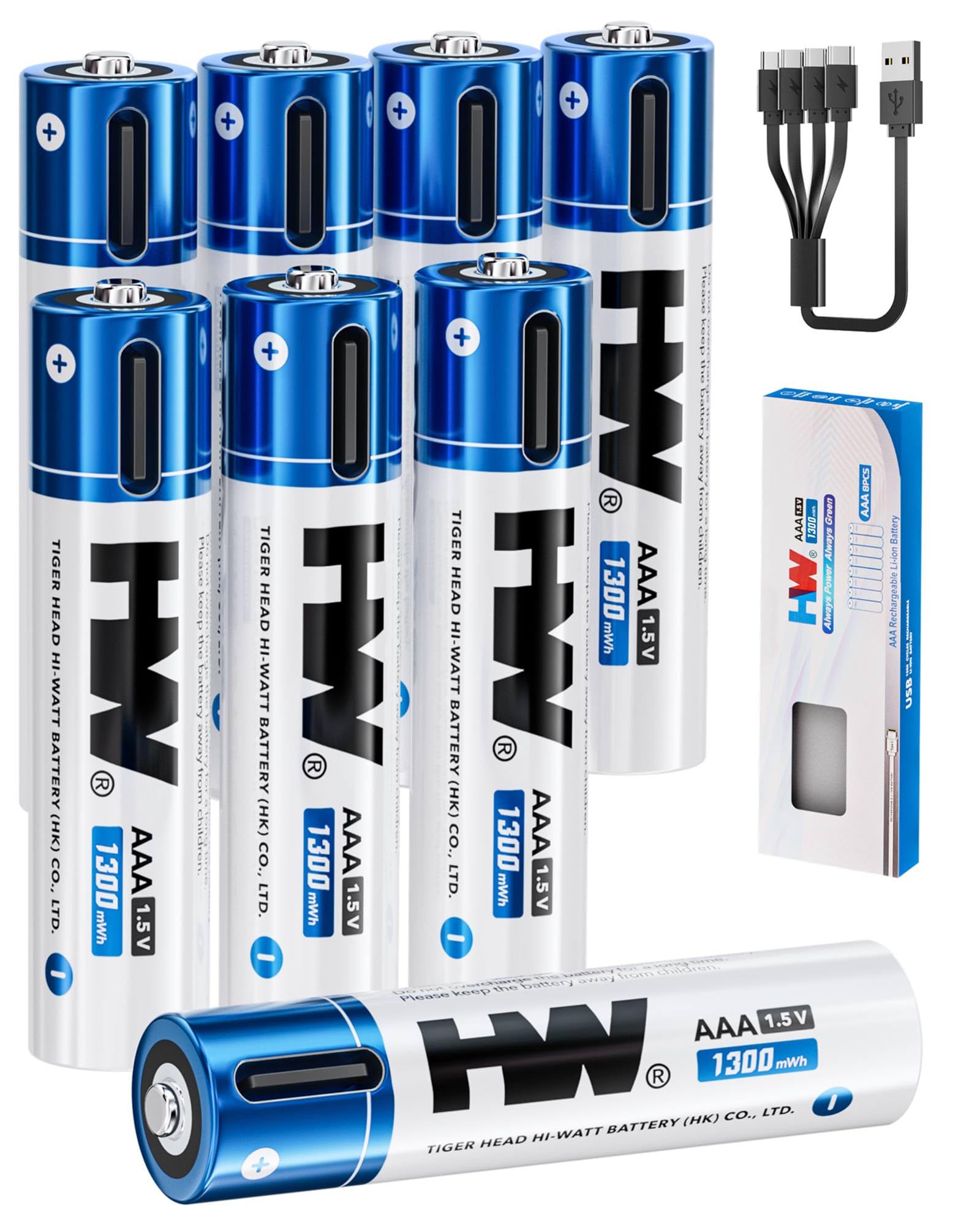 HW Batería de litio recargable AAA, [1,5 V, paquete de 8] Baterías 3A de 1300 mWh con cable USB-C, baterías Triple A de 1600 ciclos para controles remotos, mouse inalámbrico, linternas LED, juguetes