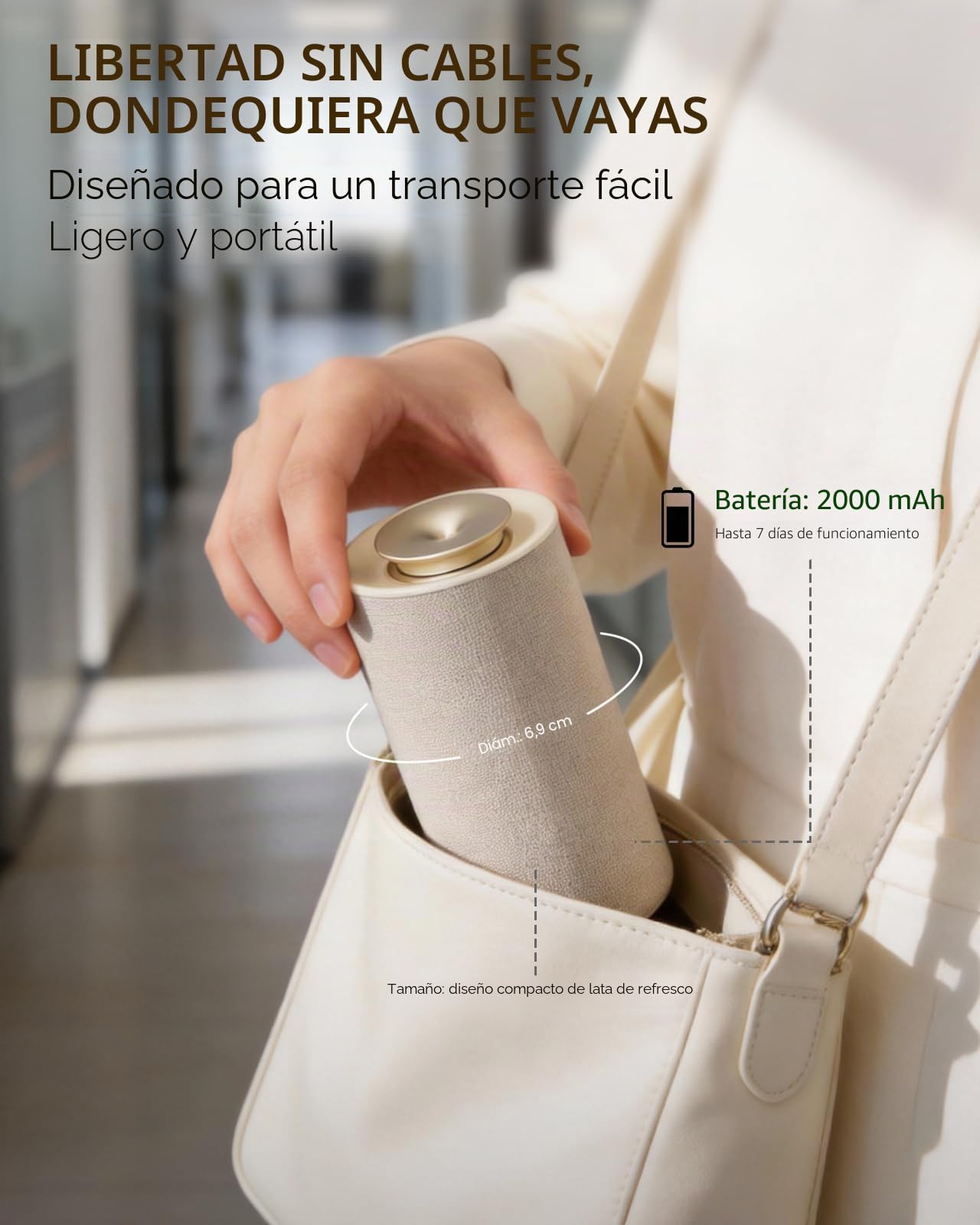 Difusor de Aromaterapia Sin Agua para Casa y Nebulizador de Aceites Puros - Ambientador Eléctrico Portátil con Diseño de Tela Beige Premium, Luz Ambiente Cálida y Batería para Yoga, Salón y Dormitorio