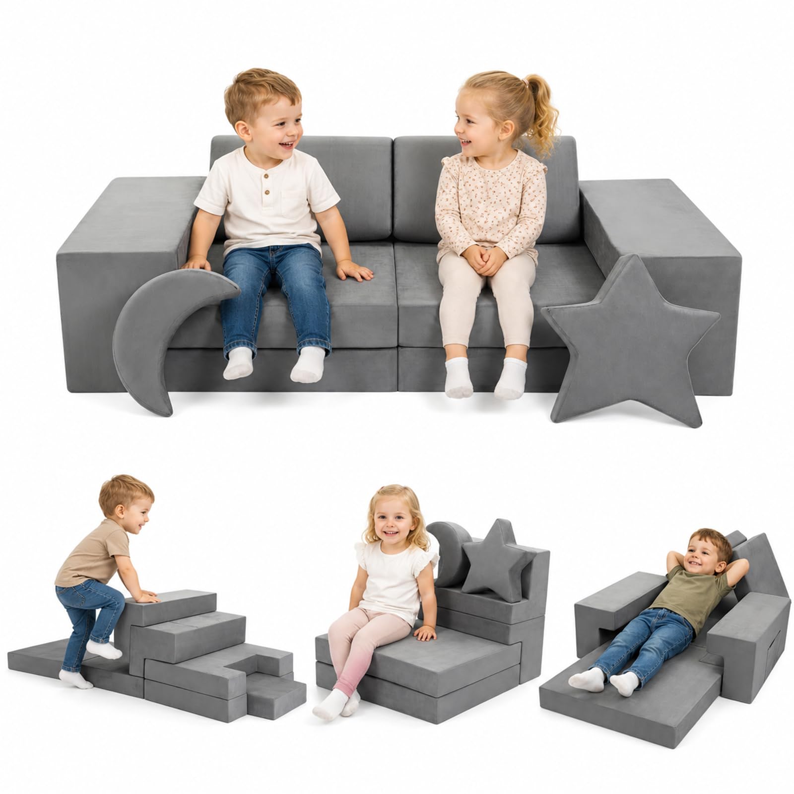 9-teiliges Modulares Spielsofa Grau, DIY Kindercouch mit Stern- und Mondkissen, Umwandelbar als Sofa & Spielburg, Weiches Schaumstoff-Sofa für Kinder