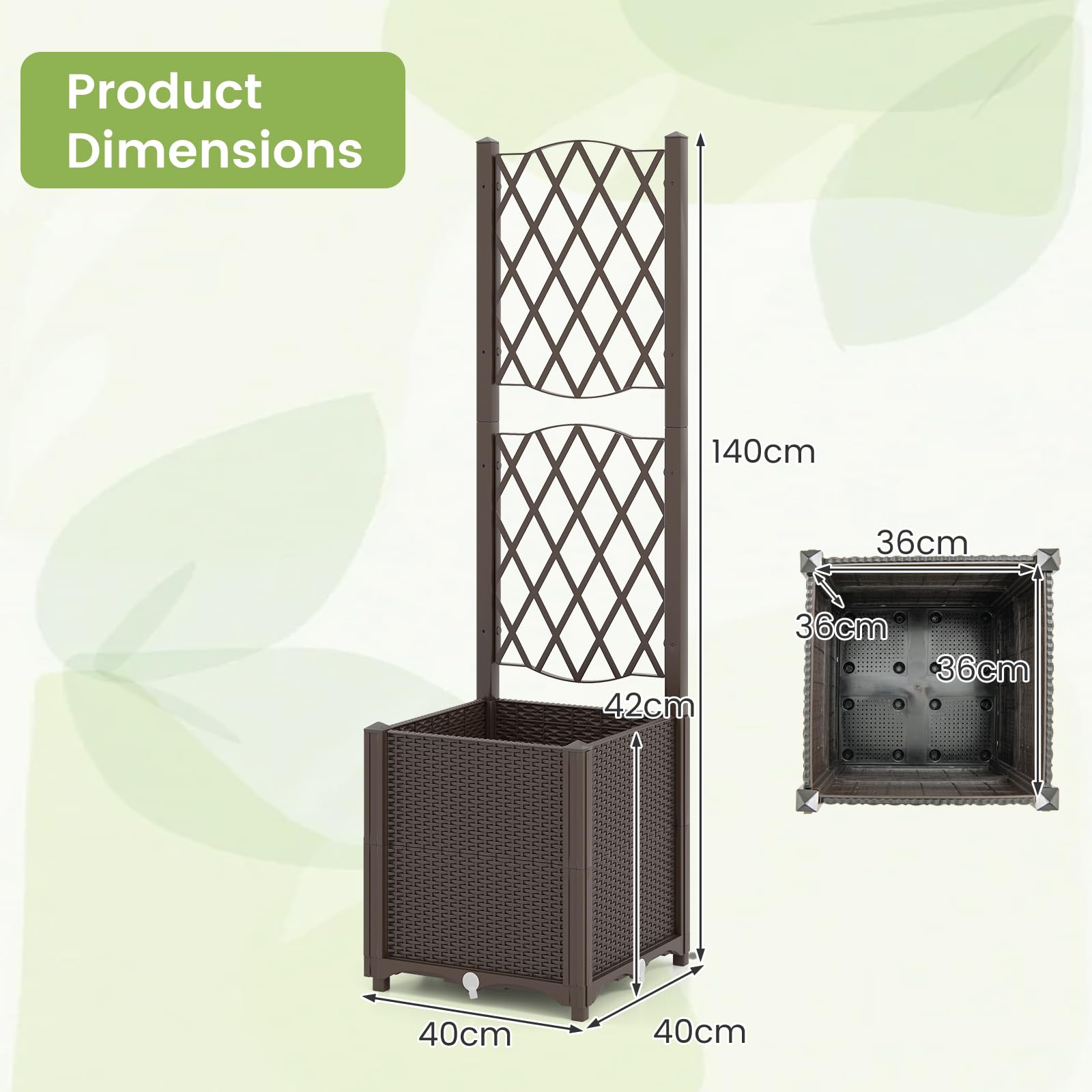 HOMASIS Cama de jardín elevada de madera con celosía, maceta de exterior con disco autoregado, agujeros de drenaje, bandeja de flores para plantas trepadoras, verduras (marrón)