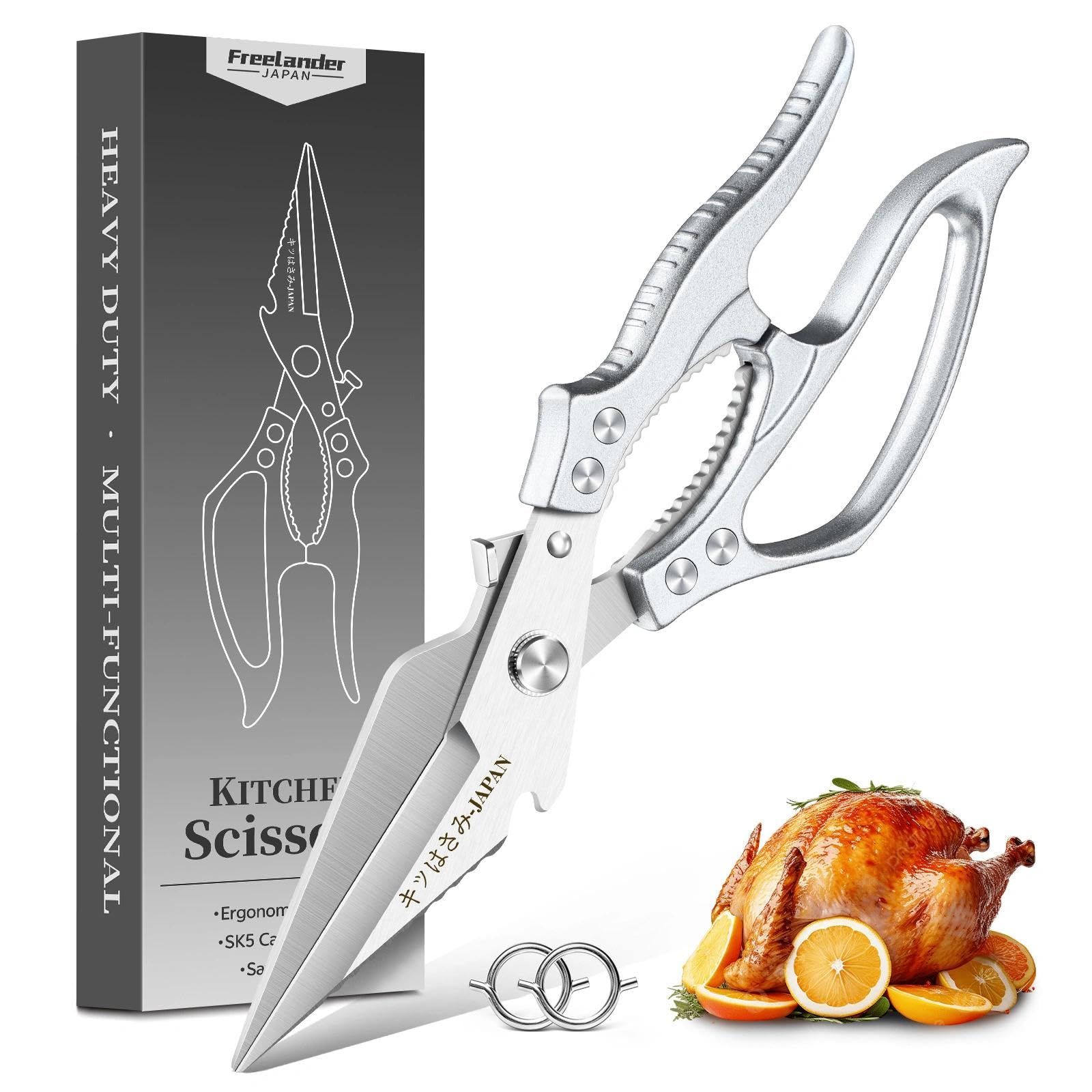 Freelander Poultry Shears Heavy Duty Kitchen Scissors for Chicken, Bone, Meat, Fish, Vegetables, Meat Scissors Kitchen Shears Poultry with Non-Slip Handle, Silver