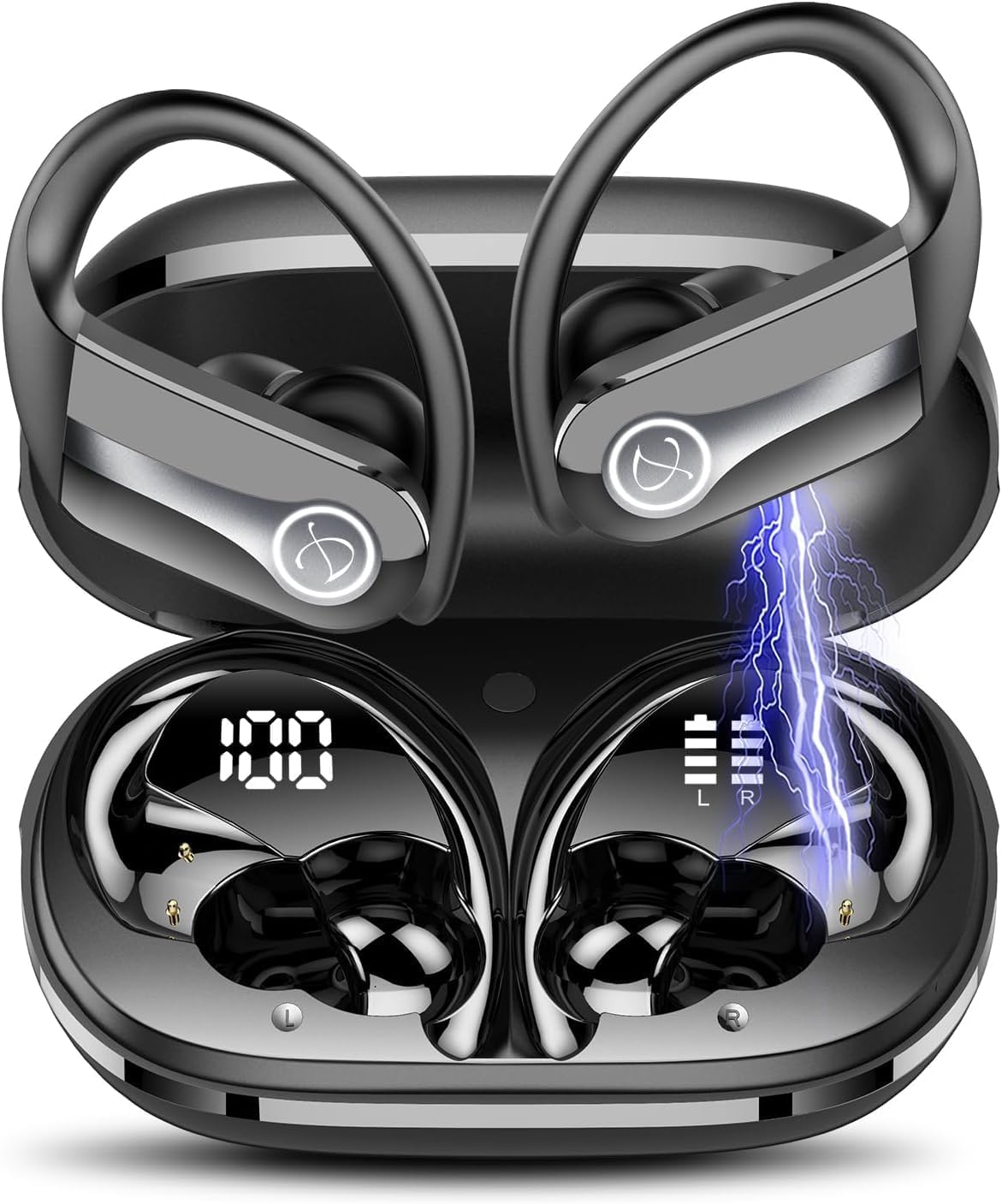 Btootos Cuffie Bluetooth Sport, Auricolari Bluetooth 5.3 con Mic Stereo Cuffie Senza Fili con Ricarica Rapida USB-C, Cuffiette Bluetooth Doppio Display LED, Cuffie Wireless, Nero
