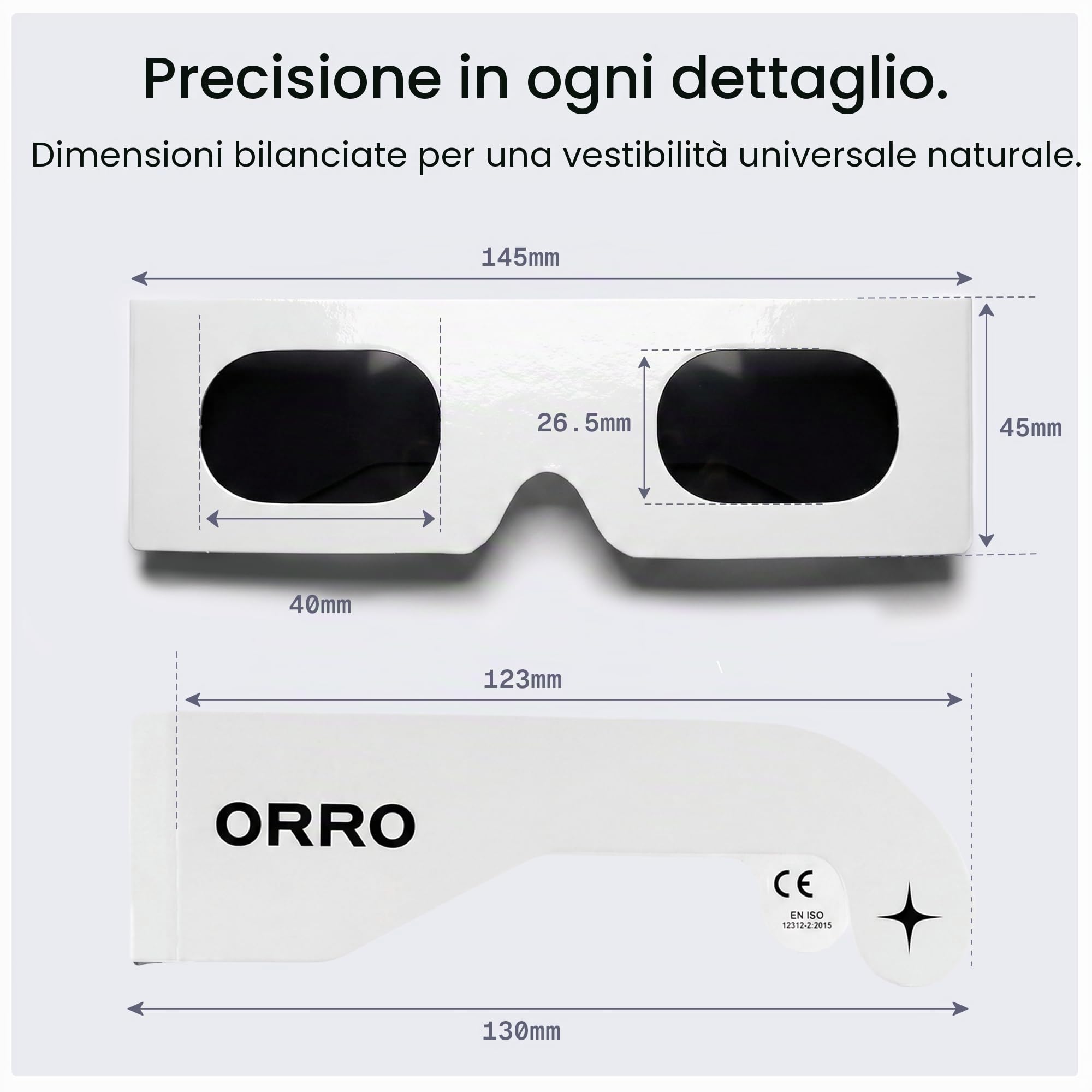 ORRO Occhiali per Eclissi Solare 45 mm, Confezione da 2/6/12, Bianchi, Si Adattano Sopra gli Occhiali da Vista, Protezione Oculare Certificata, Testati EN ISO 12312-2:2015, Marcatura CE