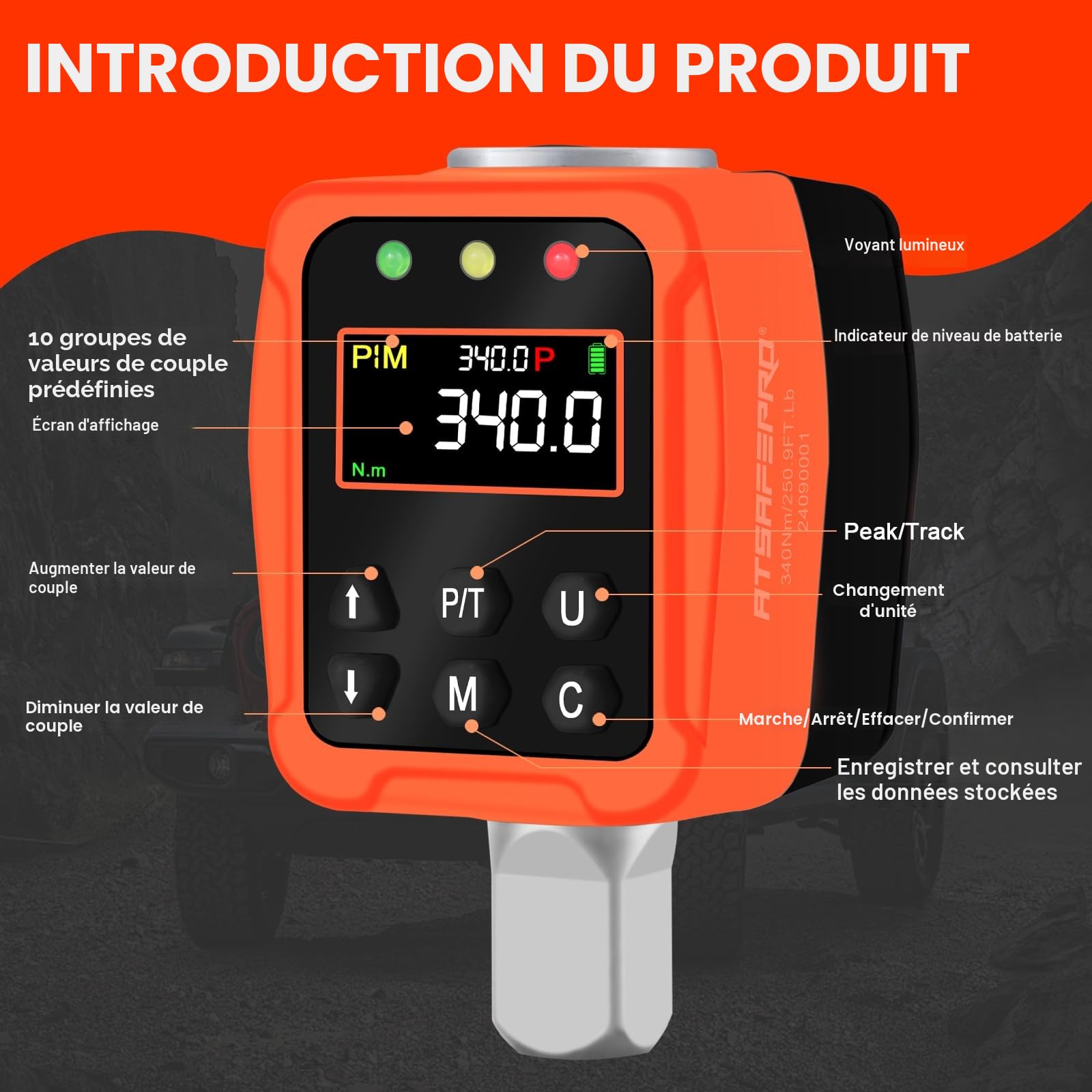 ATsafepro Adaptateur Dynamométrique Numérique 1/2'' 17-340 Nm, Clé Dynamométrique Numérique, Précision ±1% avec Écran LCD Couleur et Buzzer, Adaptateurs 1/4'', 3/8'' pour Voiture, Moto, Vélo