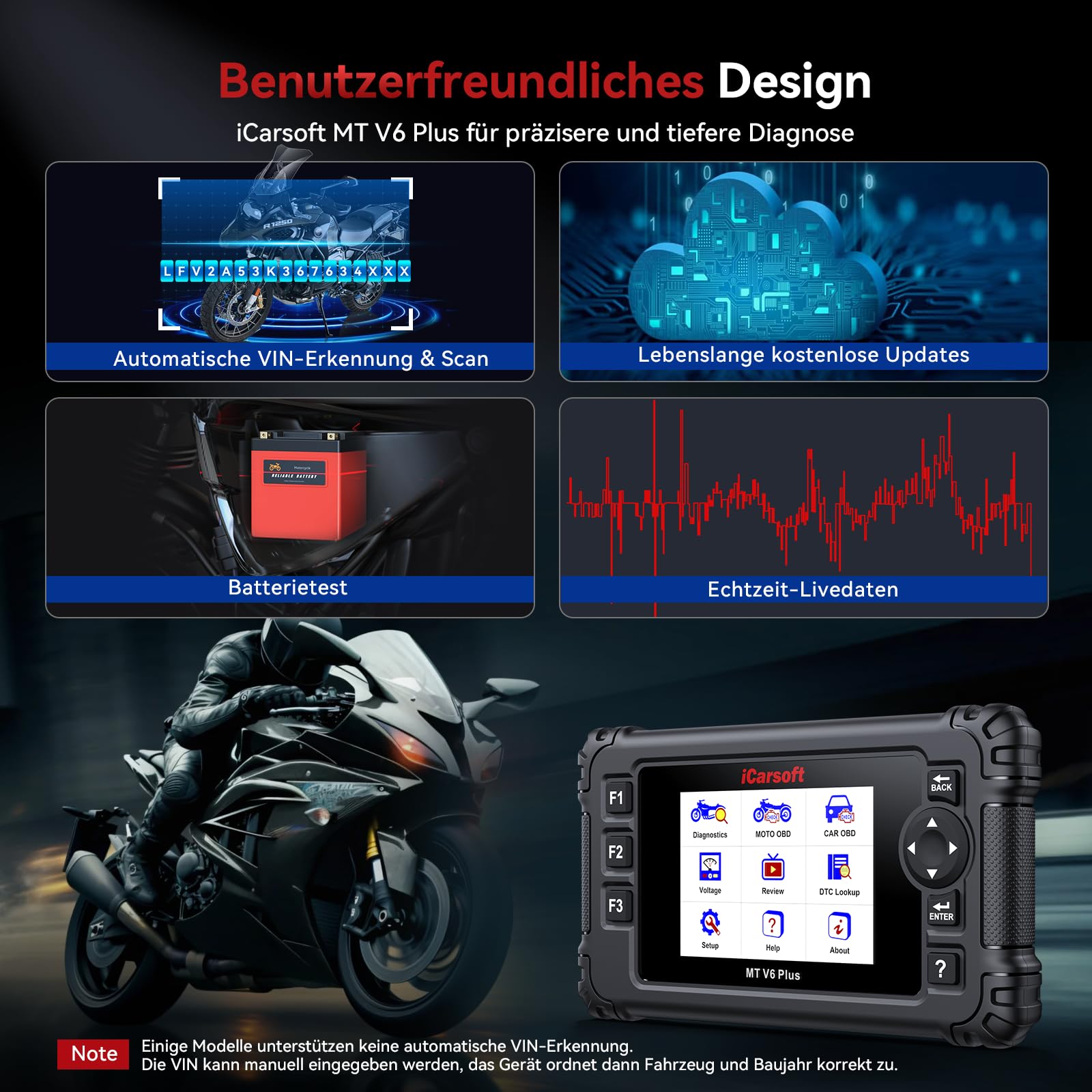 iCarsoft Motorrad OBD2 Diagnosegerät für Alle Motorrad, Alle Systeme Diagnosewerkzeuge mit Batterieklammern für Motorrad, Hot Reset Funktionen, ECM, ABS, IMMO, Datenstrom für BMW/Hon.da/Suzuki/Ducati