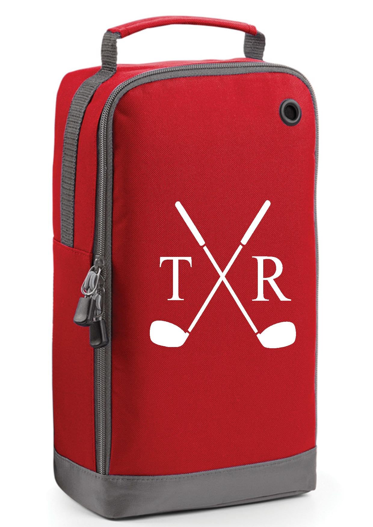 Personalised Golf Shoe Bag with Club Design, Monogram Initials (Red)