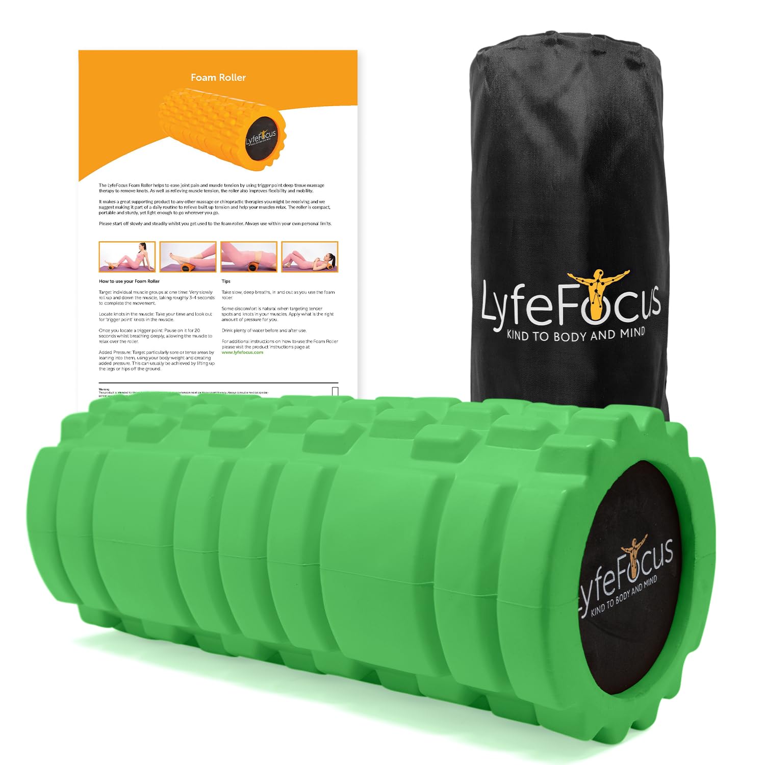 LyfeFocus Premium Trigger Point Foam Roller - Multi Pressure Point with 3 Unique Moulds for Muscle Tension - Specialist Approved Sports Massage Roller for Deep Tissue Therapy - with Carry Bag (Green)