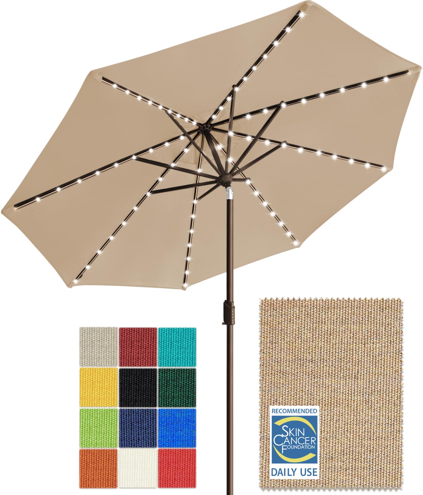 EliteShade USA 10-Year-Non-Fading Solar 9ft Market Umbrella with 80 LED Lights Patio Umbrellas Outdoor Table Umbrella with Ventilation, Heather Beige