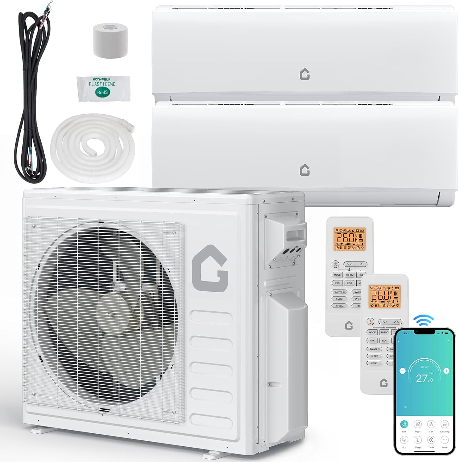 GarveeLife Dual Zone Mini Split AC/Heating System, 28K BTU 2 Zone Wall Mounted Mini Split Air Conditioner with WiFi, 20 SEER2 9000+12000 BTU Heat Pump for Home, 208-230V (No Lineset)
