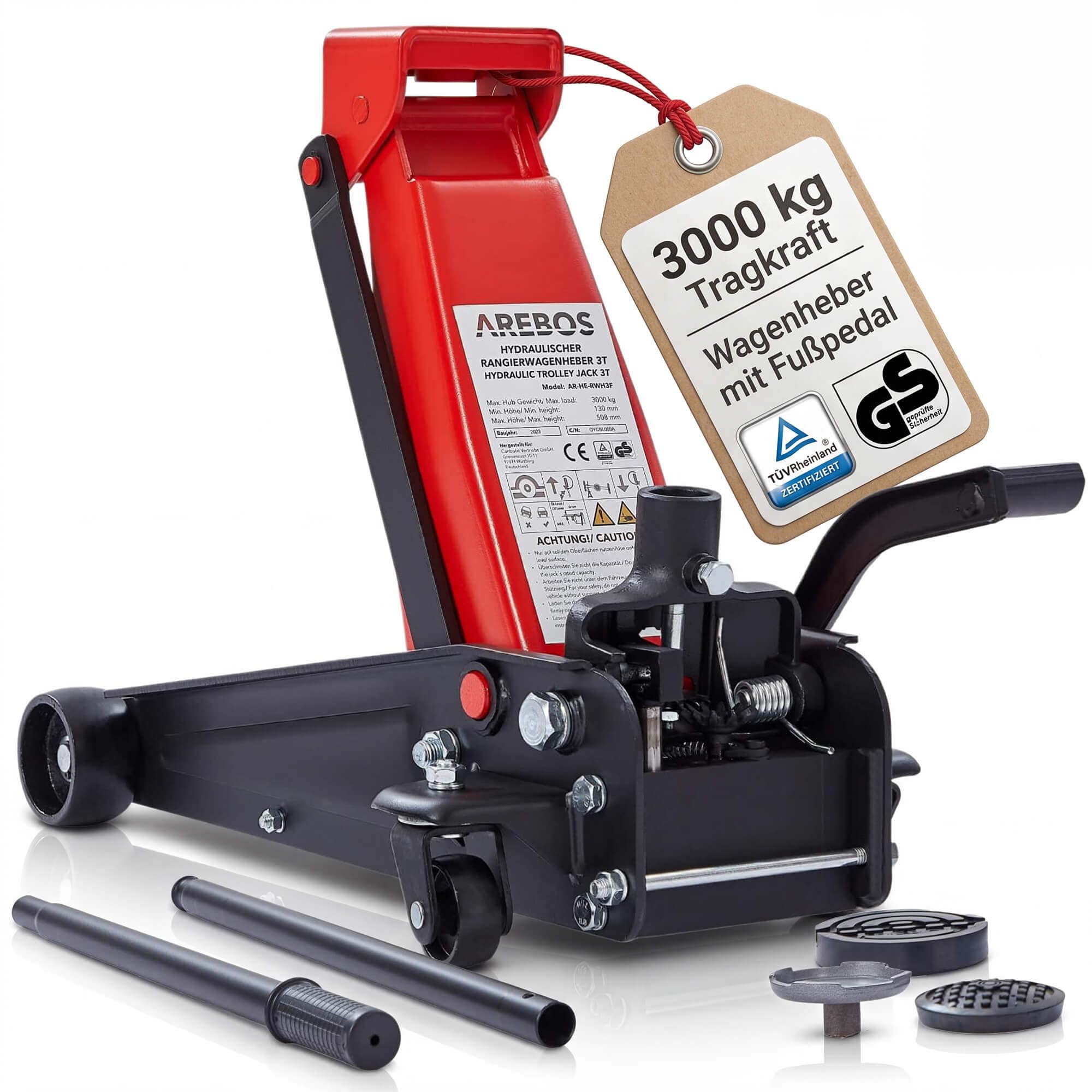 Arebos 3T Hydraulischer Rangierwagenheber mit integriertem Fußpedal | Unterfahrhöhe 130-508 mm | 2 Gummi-Auflagen | Wagenheber Jack 360° Rollen | Heber Ständer KFZ Auto PKW
