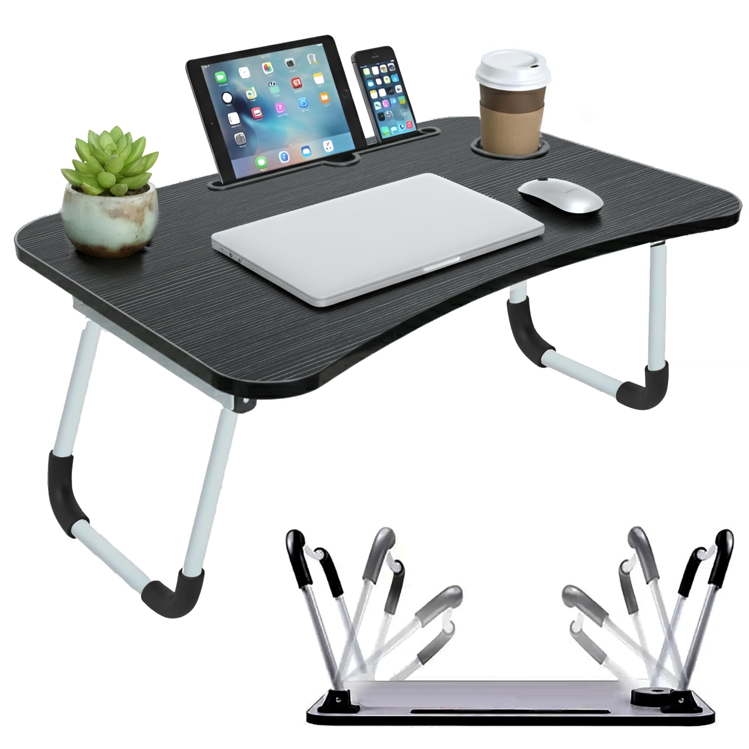LKH Foldable Laptop Table with Tablet Holding Slot - 60×40×28 cm Portable Bed Tray with Drink Holder, for Bed, Sofa & Desk - Lightweight Folding Bed Desk with Anti Slip Legs