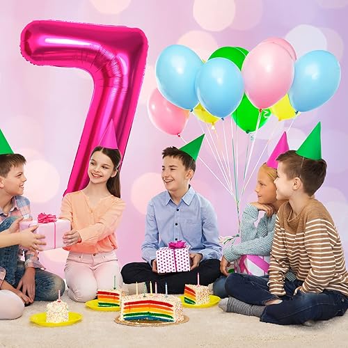 Miniatura 5 de Globo rosa intenso con el número 7 de 40 pulgadas, decoración de globos de 7 cumpleaños para niñas, globos grandes y grandes, color rosa rosa con el