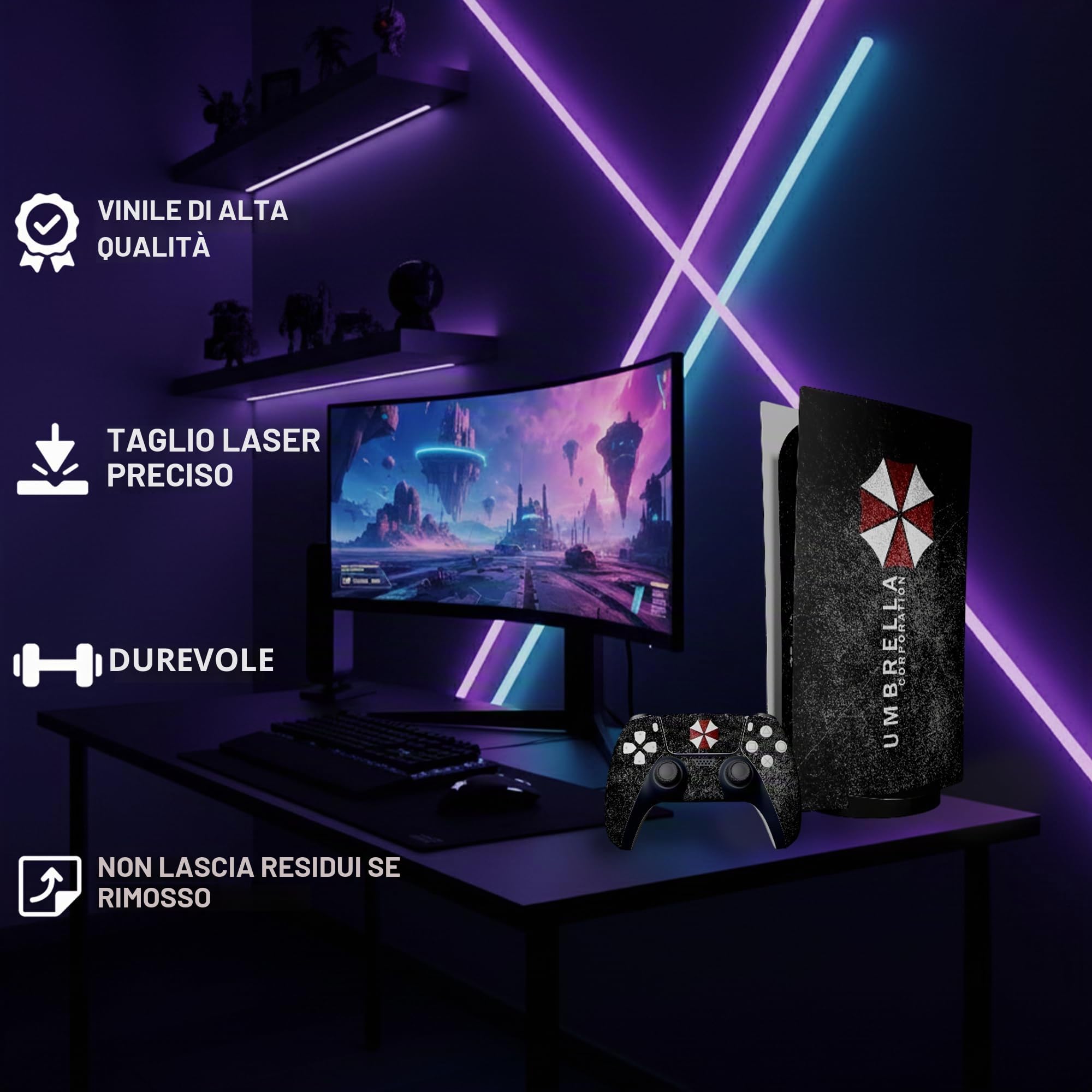 MaD Vision® Extra-Durable Skin Kit per PlayStation 5 (PS5) Digital Slim | Set di Pellicole Adesive in Vinile Opaco per la Console e 2 Controller - per Resident Evil Umbrella Design
