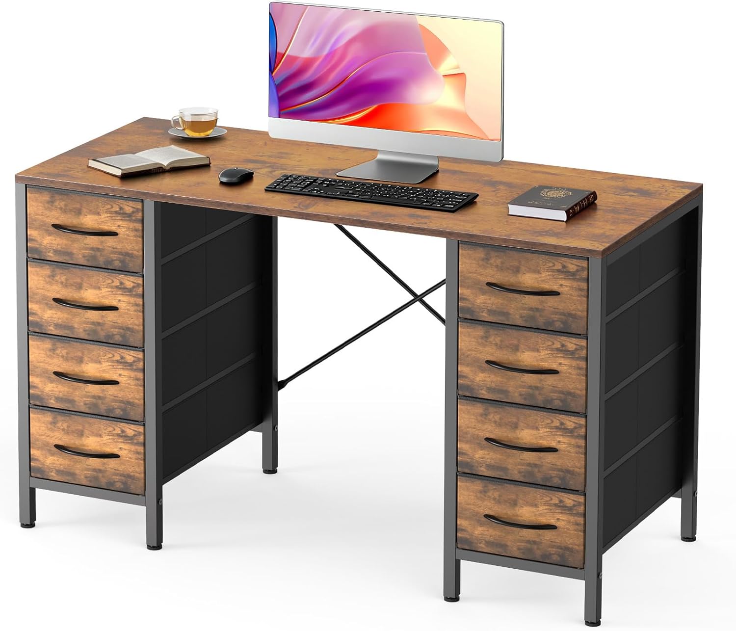 DUMOS 47 Inch Computer Desk with 8 Fabric Drawers, Office Gaming Desk with Storage, Writing Study Table with X-Shaped Reinforced Structure, Dark Brown