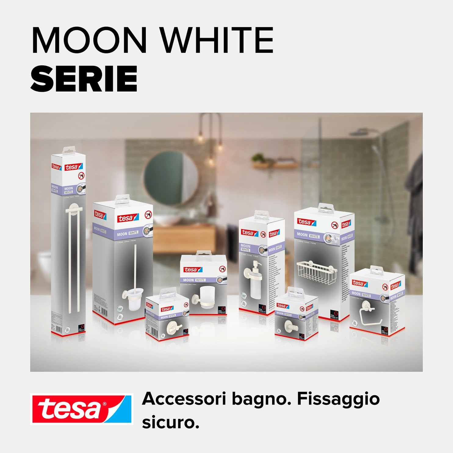 tesa® MOON WHITE Portasciugamani a 2 Bracci per bagno e WC in stile industriale e bagni moderni - Senza foratura, soluzione adesiva inclusa - 84 mm x 50 mm x 456 mm - Bianco opaco
