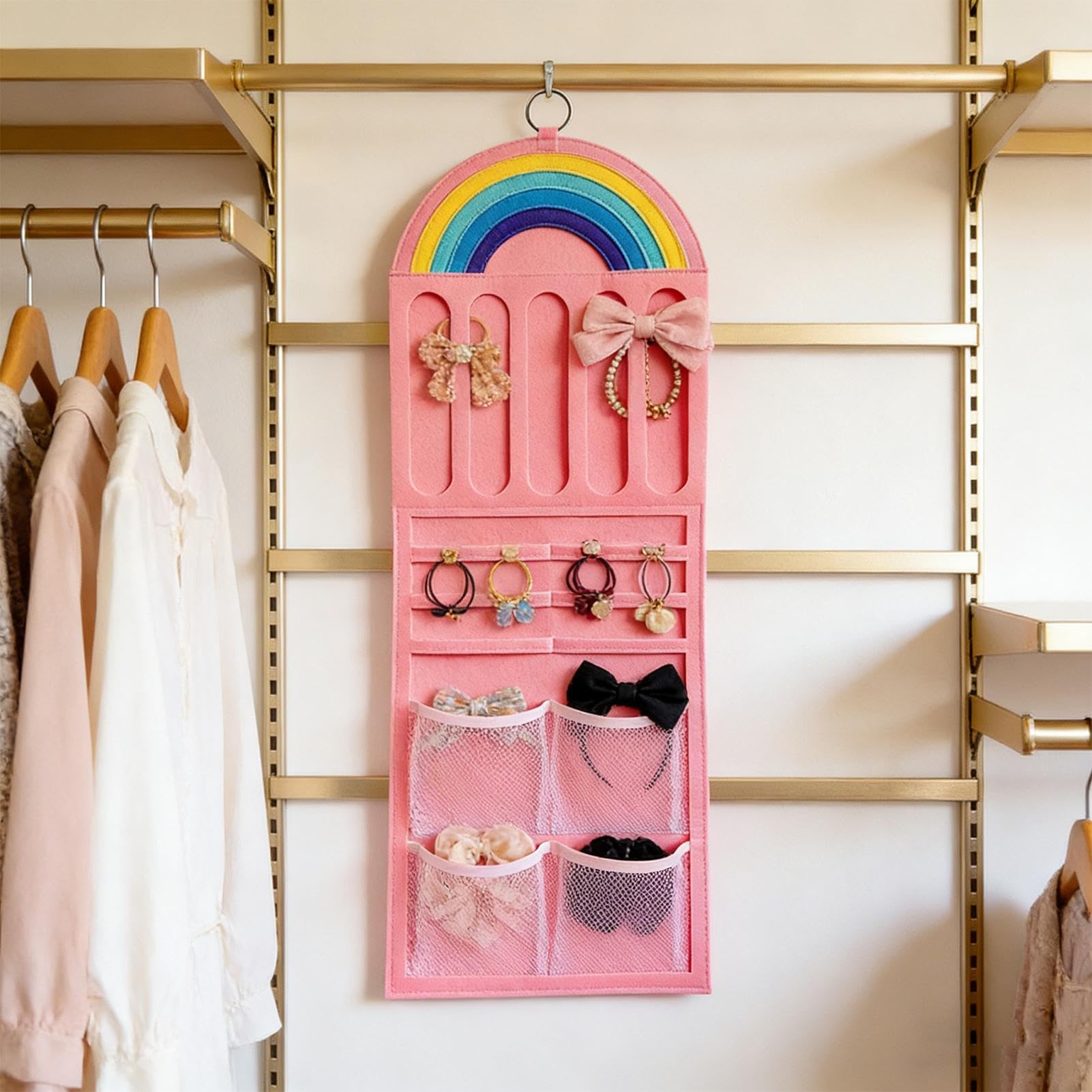 Organizer per fiocchi per capelli, borse da parete con tasca in rete, supporto per fiocchi per ragazze, decorazione per la stanza per figlie, bambini, fasce per capelli, gioielli, scrunchies, occhiali