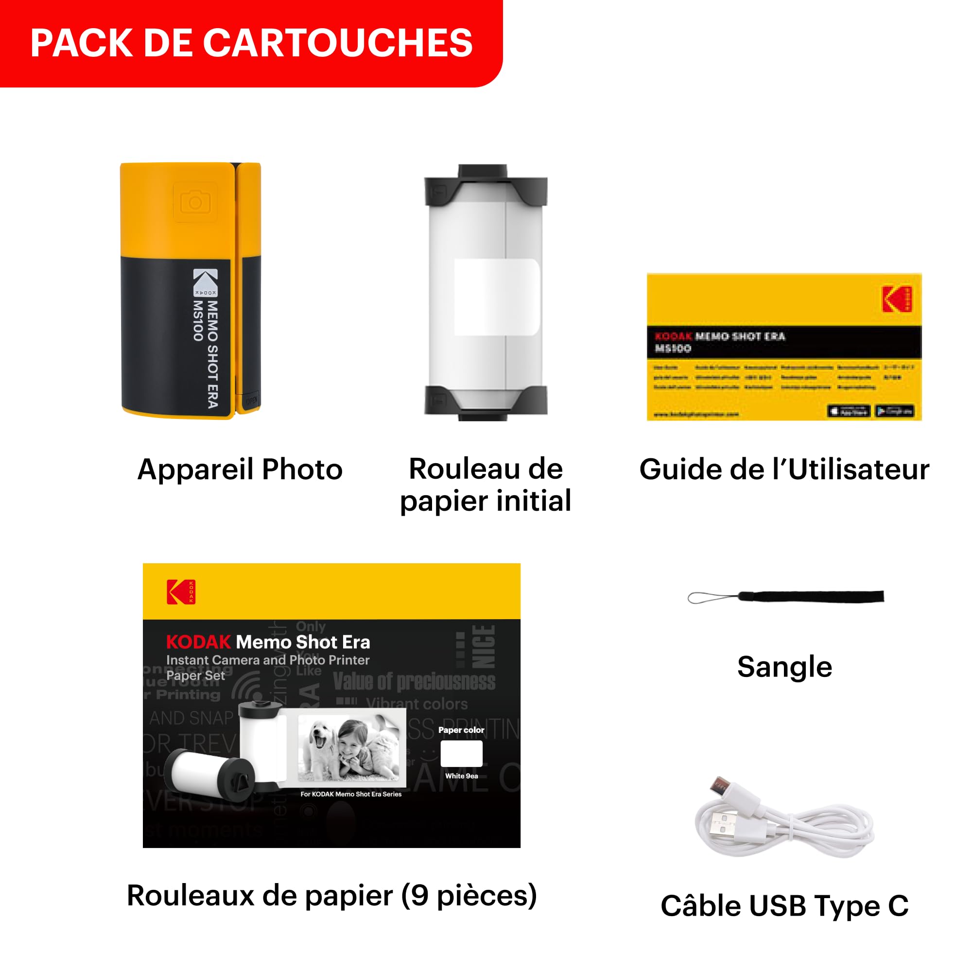 Kodak Memo Shot Era Cadeau Noel - Appareil Photo numérique instantané & Imprimante Photo, Jaune (Appareil Photo avec 1 Rouleau de Rouleau de Papier Photo One-Touch + 9 Rouleaux de Papier Photo Set)