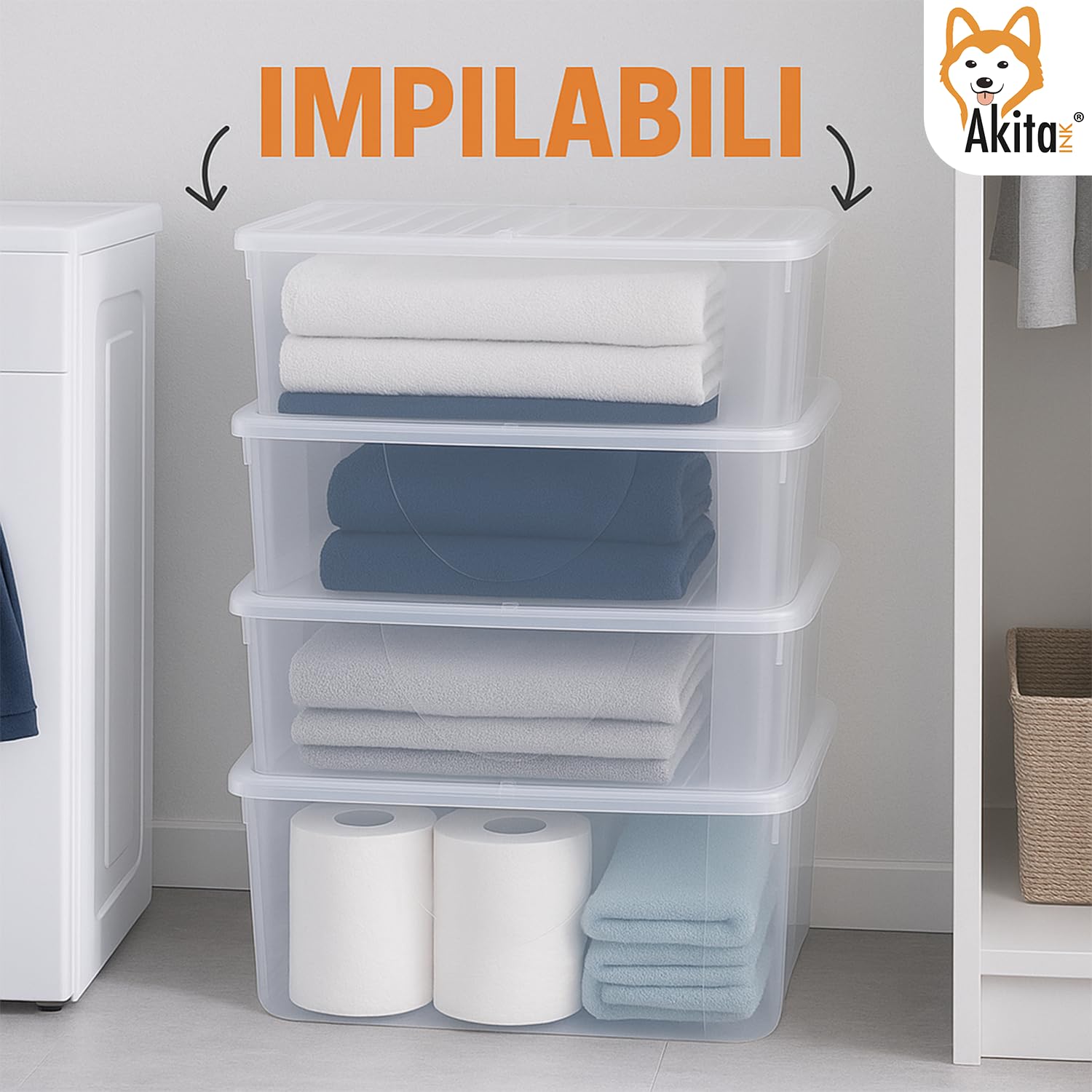 AKITAInk Set 4 Contenitori Plastica Trasparenti 40L con Coperchio a Farfalla Doppia Apertura - Scatole Salvaspazio Impilabili per Vestiti, Armadi, Garage e Ripostigli