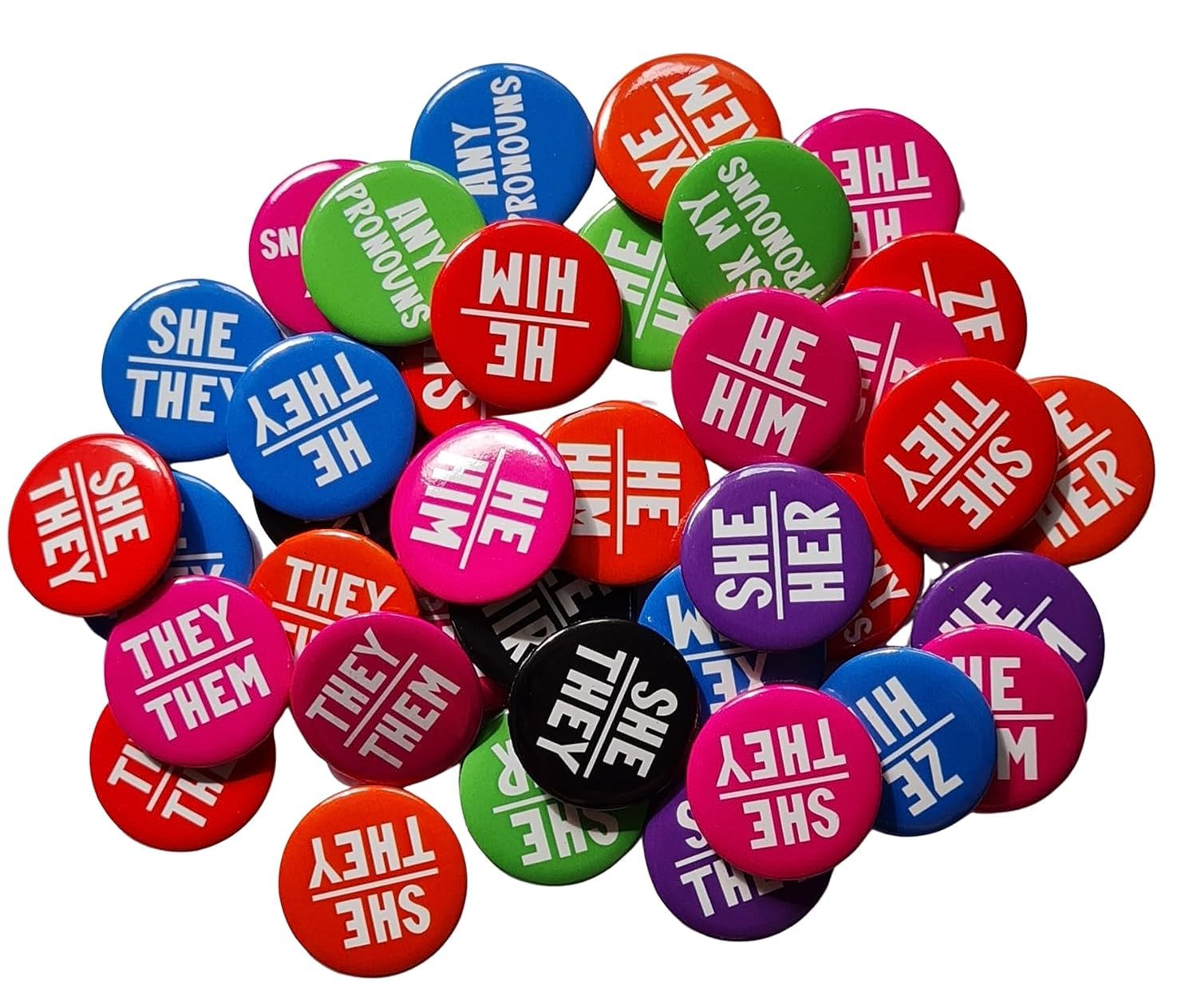 Pride and Pronouns Bulk Pack of Customisable Mixed Pronoun Badges, Colourful Customisable