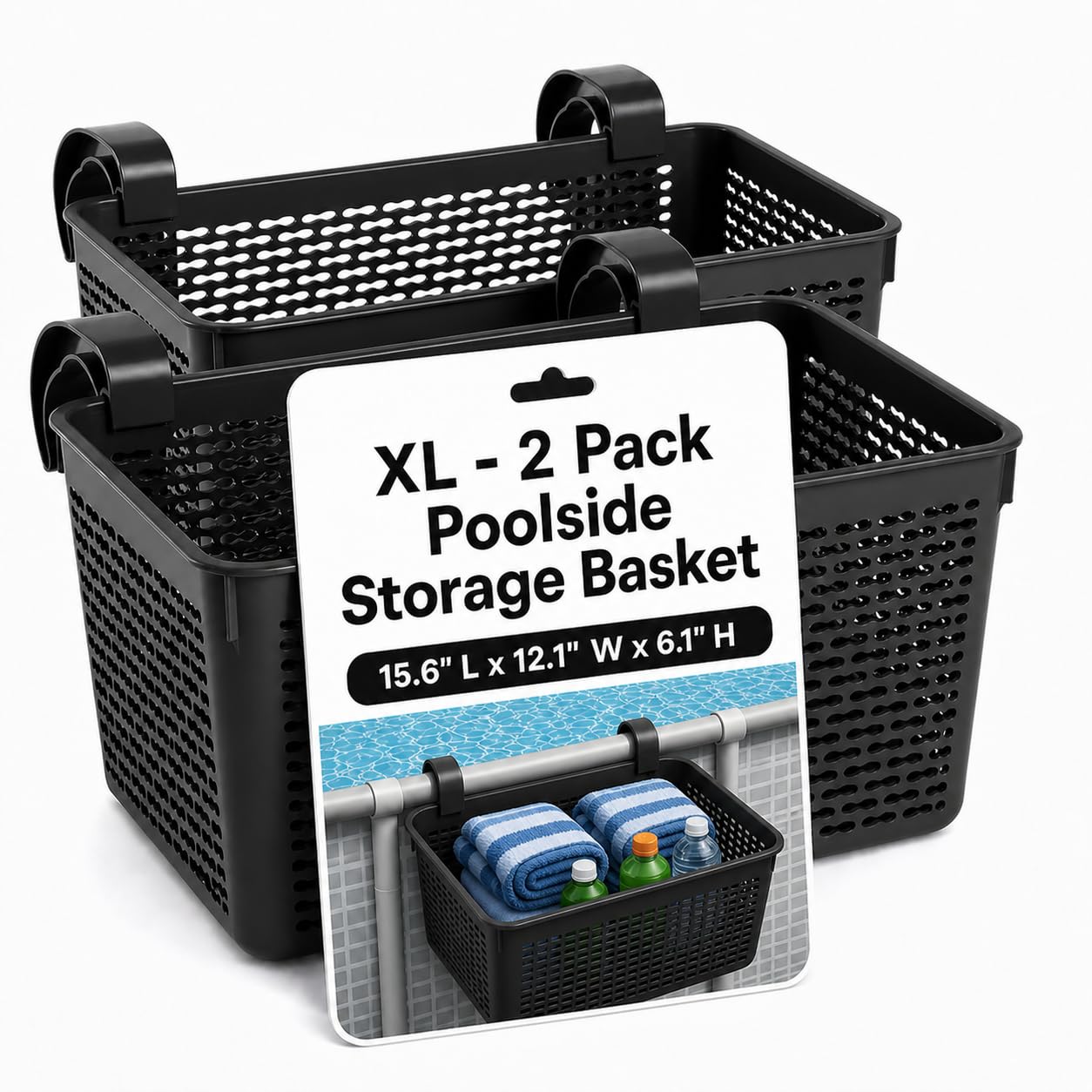 Lot de 2 paniers de rangement XL pour piscine – Organiseur de piscine tout-en-un – Fabriqué en Europe – Idéal pour les piscines hors sol et les accessoires de terrasse (noir)