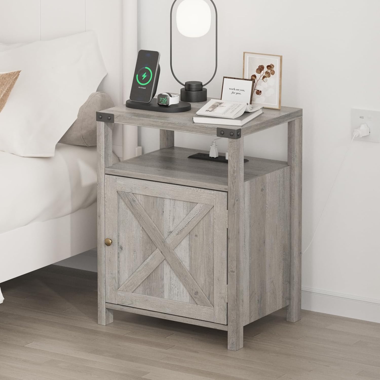 Gray Farmhouse Nightstands with Charging Station and Storage Cabinet, Set of 2