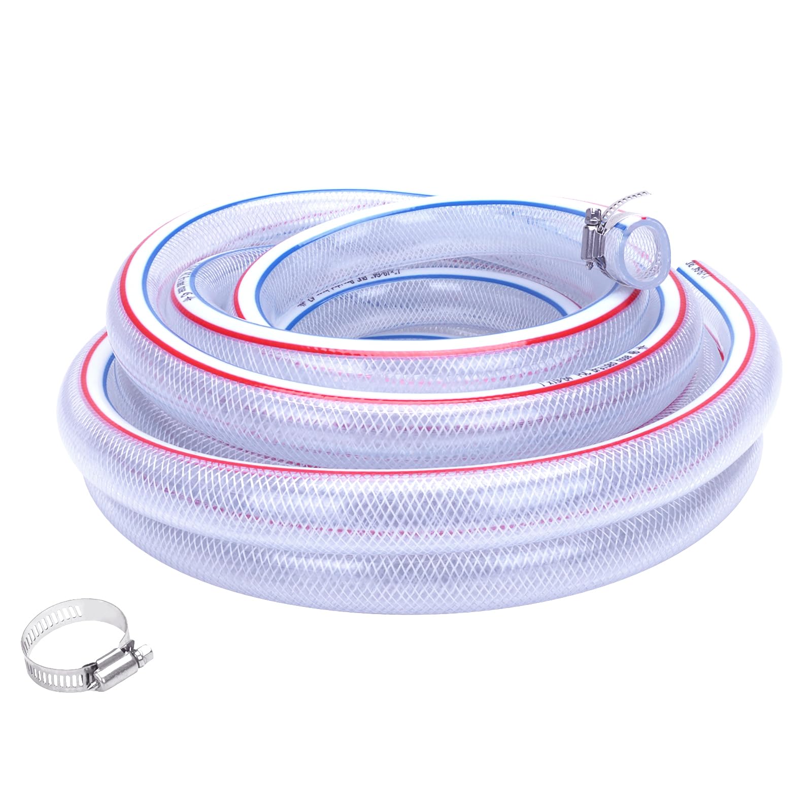 Soft Braided PVC Tubing - 1" x 1-19/64" OD High Pressure Clear Flexible PVC Tube Reinforced Vinyl Hose for Water, Oil with 2pcs Hose Clamps (25Ft)