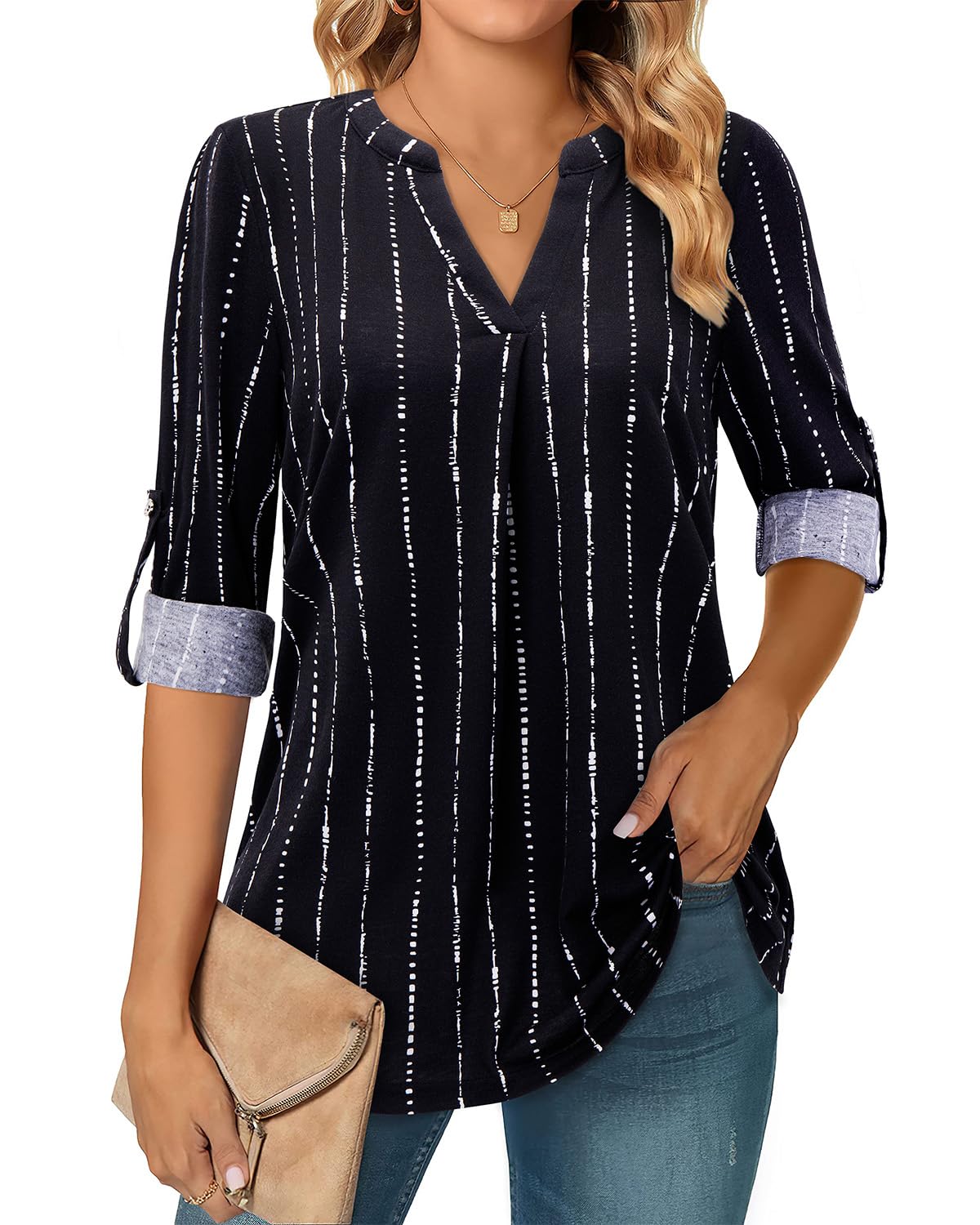 Amrto Longbluse Damen 3/4 Ärmel Bluse V-Ausschnitt Tunika Longshirt Elegant Casual Oberteile Lose Lässig Lange Shirt Outfit für Business Büro