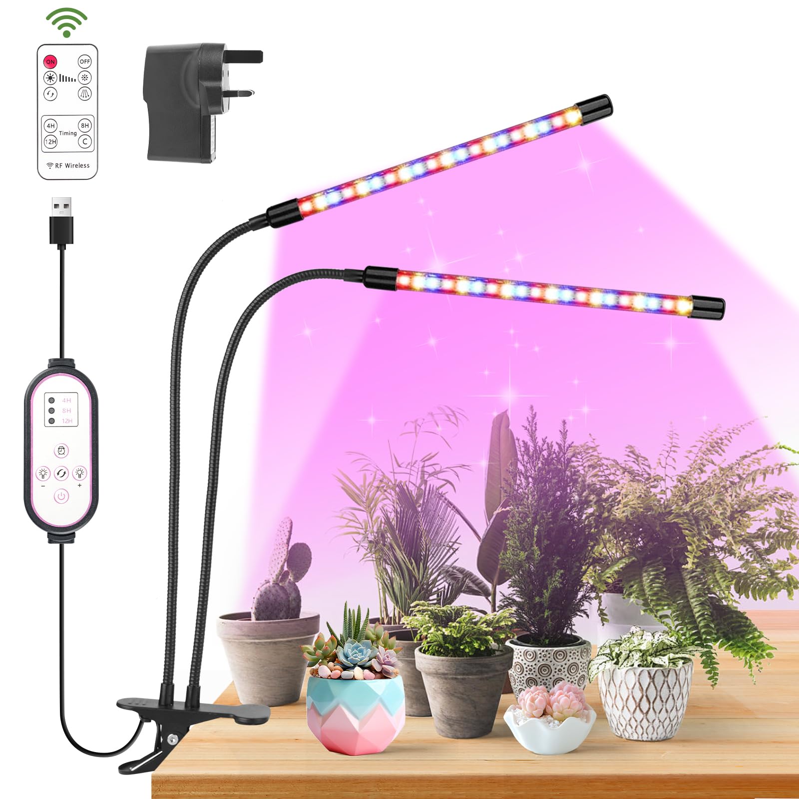MOXYOY Grow Lights for Indoor Plants,3 Lighting Modes Plant Light, 40 LEDs 2 Heads Grow Light with 10 Dimming Level and Timer, Full Spectrum Plant Lamp for Seedlings and Succulents