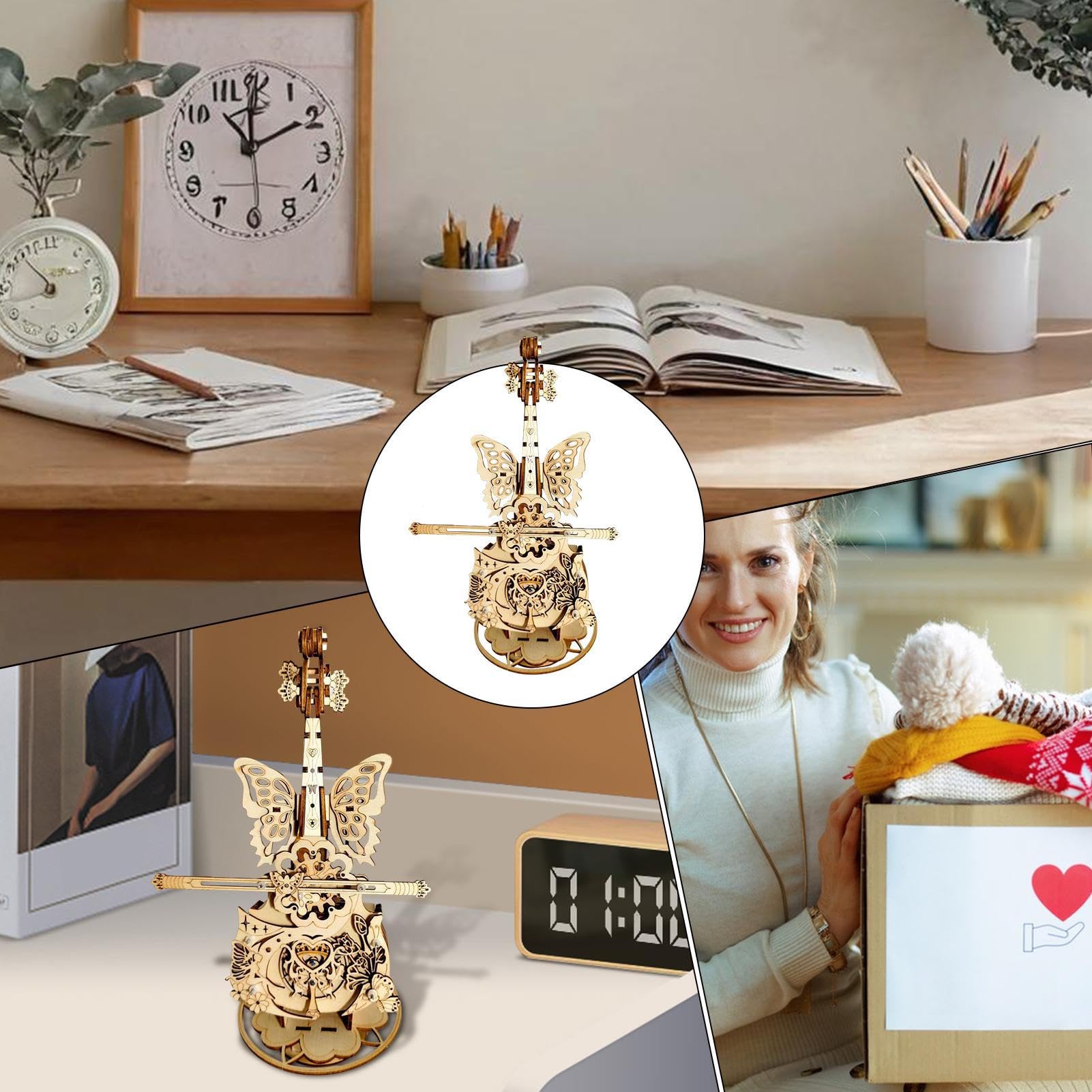 Puzzle 3D Carillon Violino kit costruzione creativo fai da te | Carillon In Legno Violino Puzzle A Incastro per bambini ragazzi scrivania camera da soggiorno casa mensola