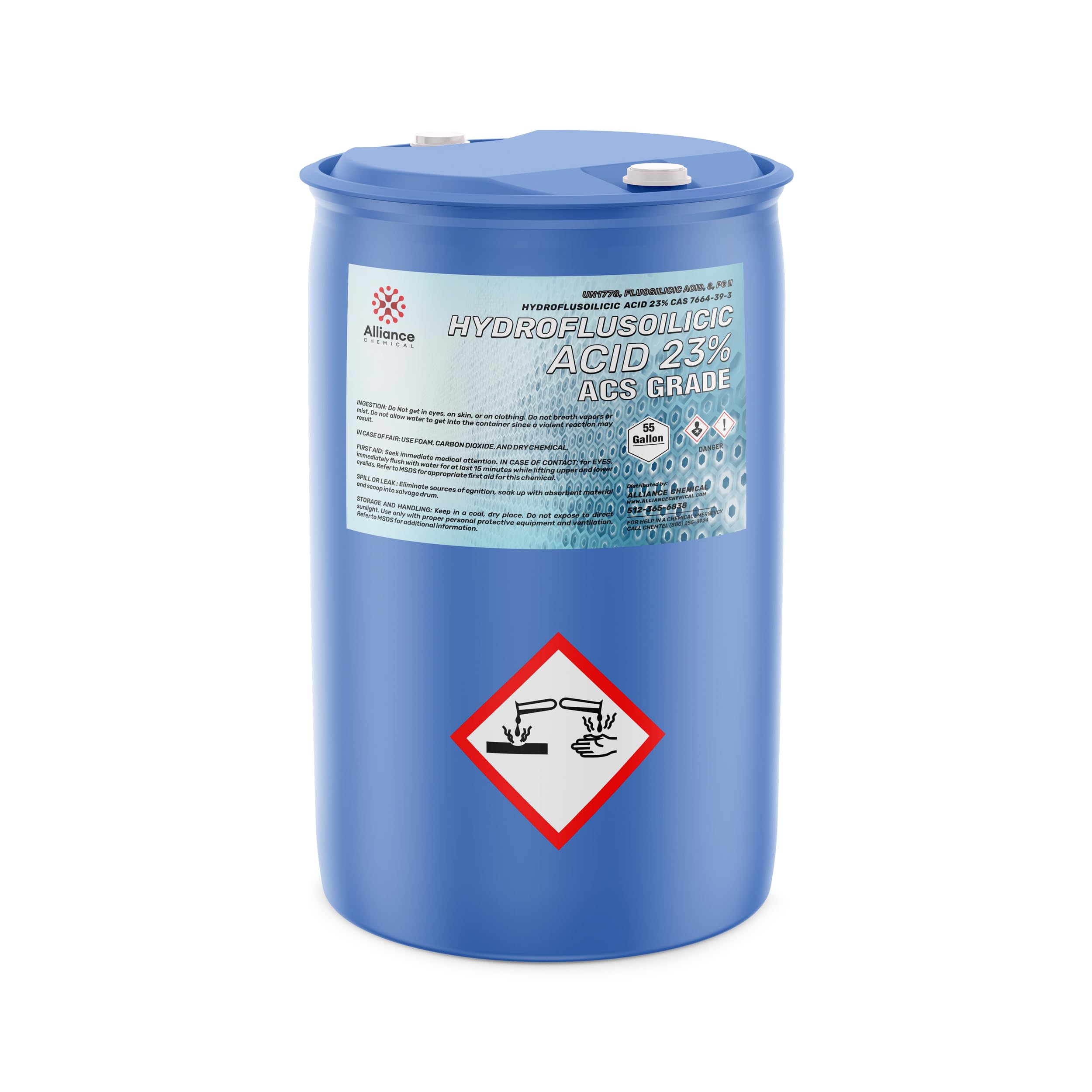 Hydrofluorosilicic Acid 23% ACS Grade - 55 Gallon Drum - Used in Water fluoridation and Metal Finishing.