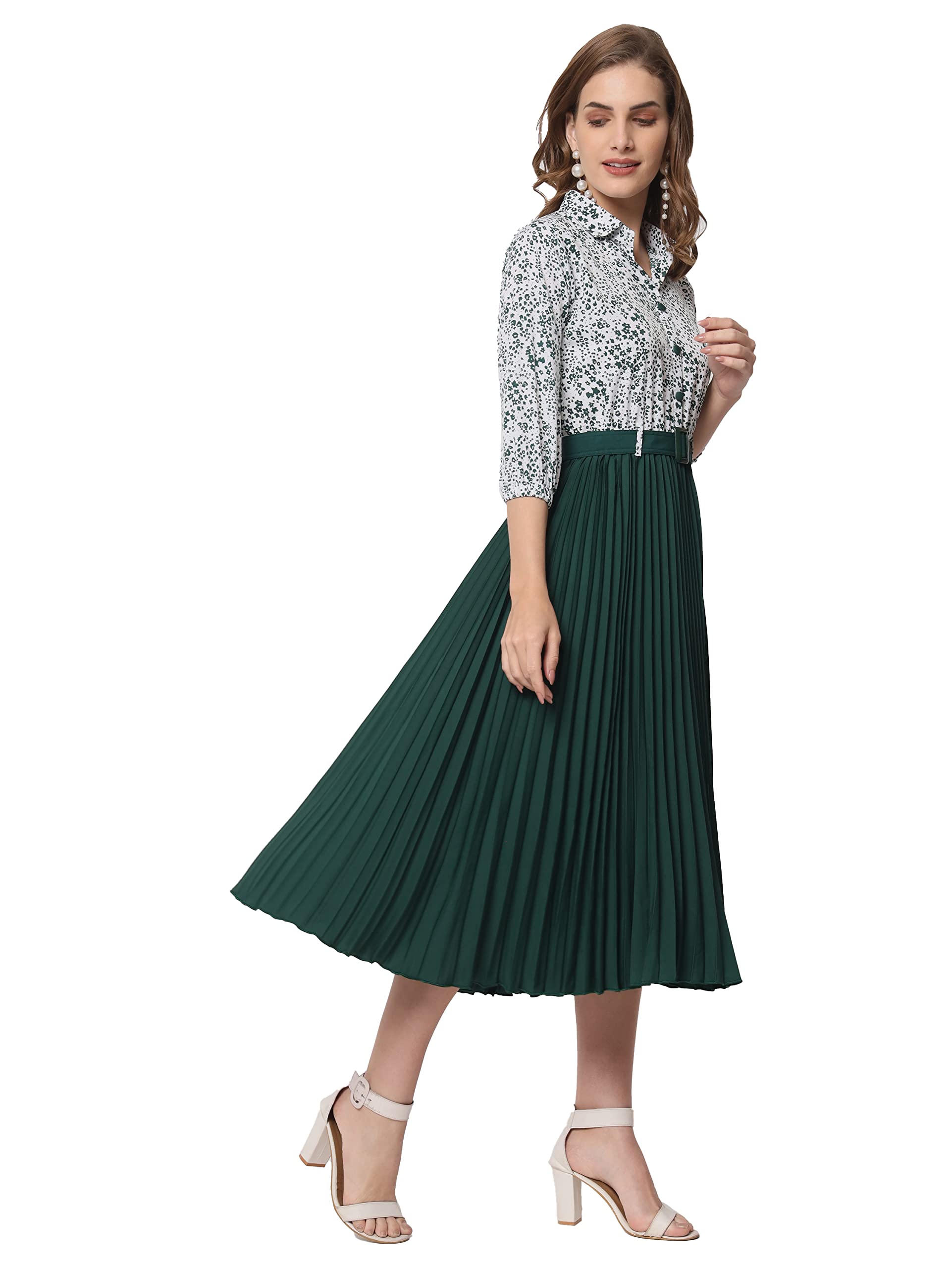 OTABUWomen's Print 3/4 Sleeve Pleated Midi Dress with Belt Green