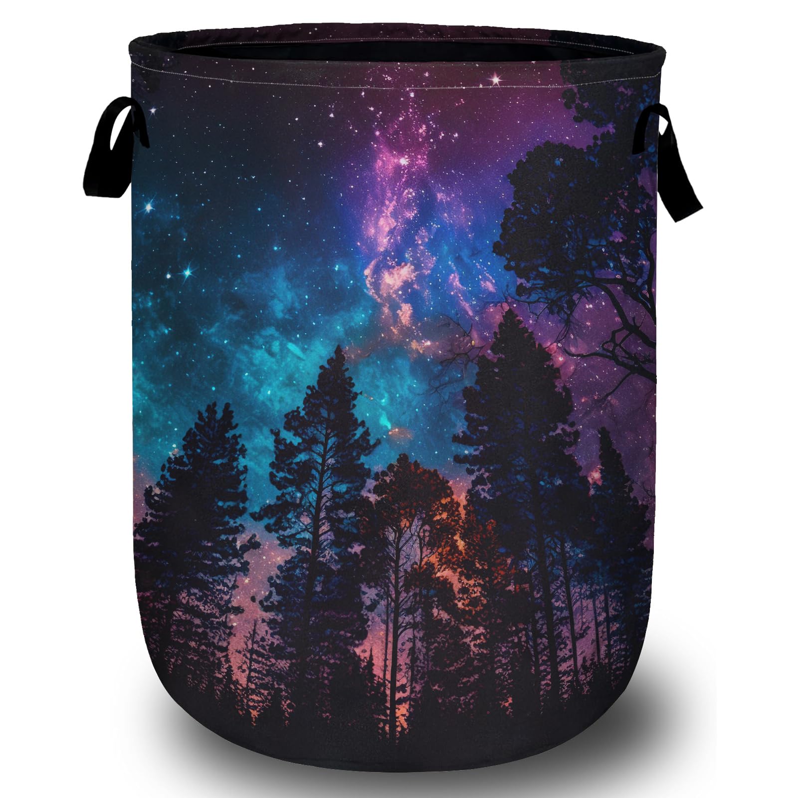 Purple Galaxy Forest Laundry Basket, Laundry Hamper Collapsible Oxford Cloth with Handle Clothes Storage Bin for Bathroom Laundry Room Bedroom 15.7 X 20 Inch