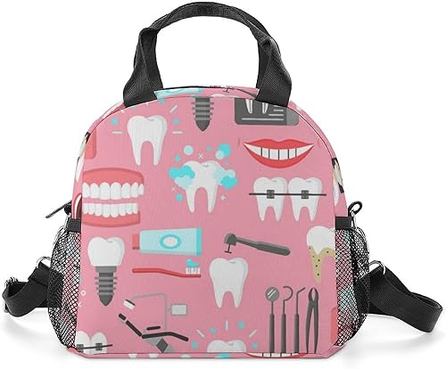 Lonchera aislada, bolsa de almuerzo pequeña con soporte para botella de agua, correa de hombro ajustable y extraíble, diseño dental sin costuras,