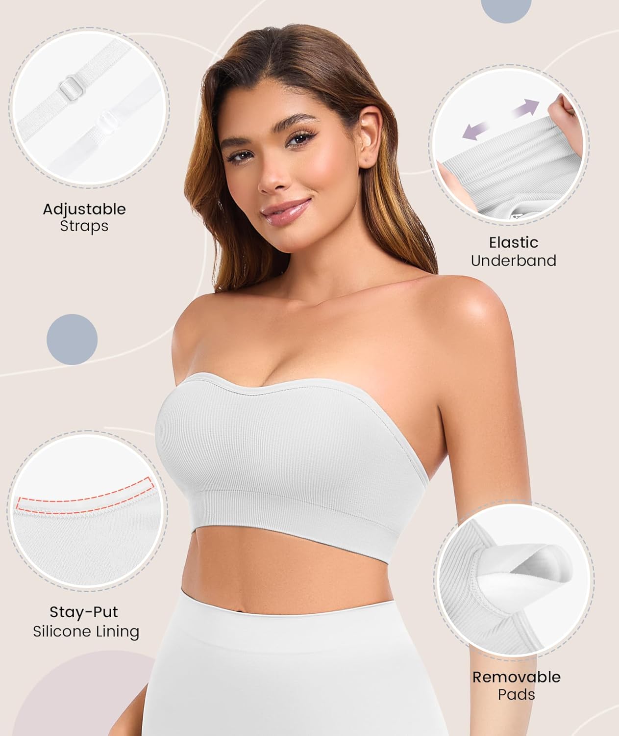 Strapless Bras for Women Non-Slip Padded Bandeau Bra Wireless Tube Top Bra Including Clear Straps - Image 4