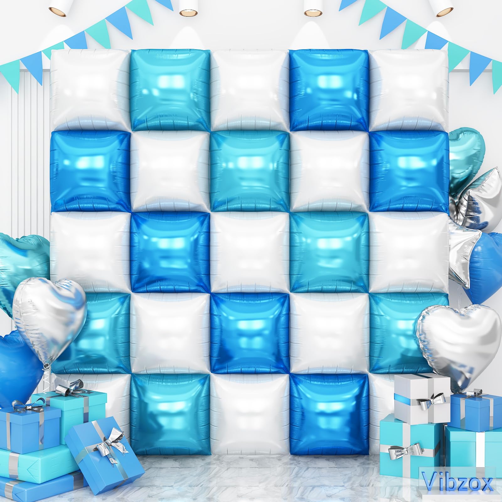 Blue White Double Sided Square Foil Balloons Wall, 19 inch Chrome Dark Light Blue White Foil Balloons Tunnel Arch Kit for Bachelorette, Anniversary,