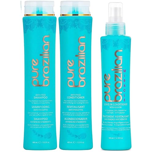 Pure Brazilian - Kit diario de 3 piezas esenciales - Champú antiencrespamiento, acondicionador y acondicionador sin enjuague milagroso- con