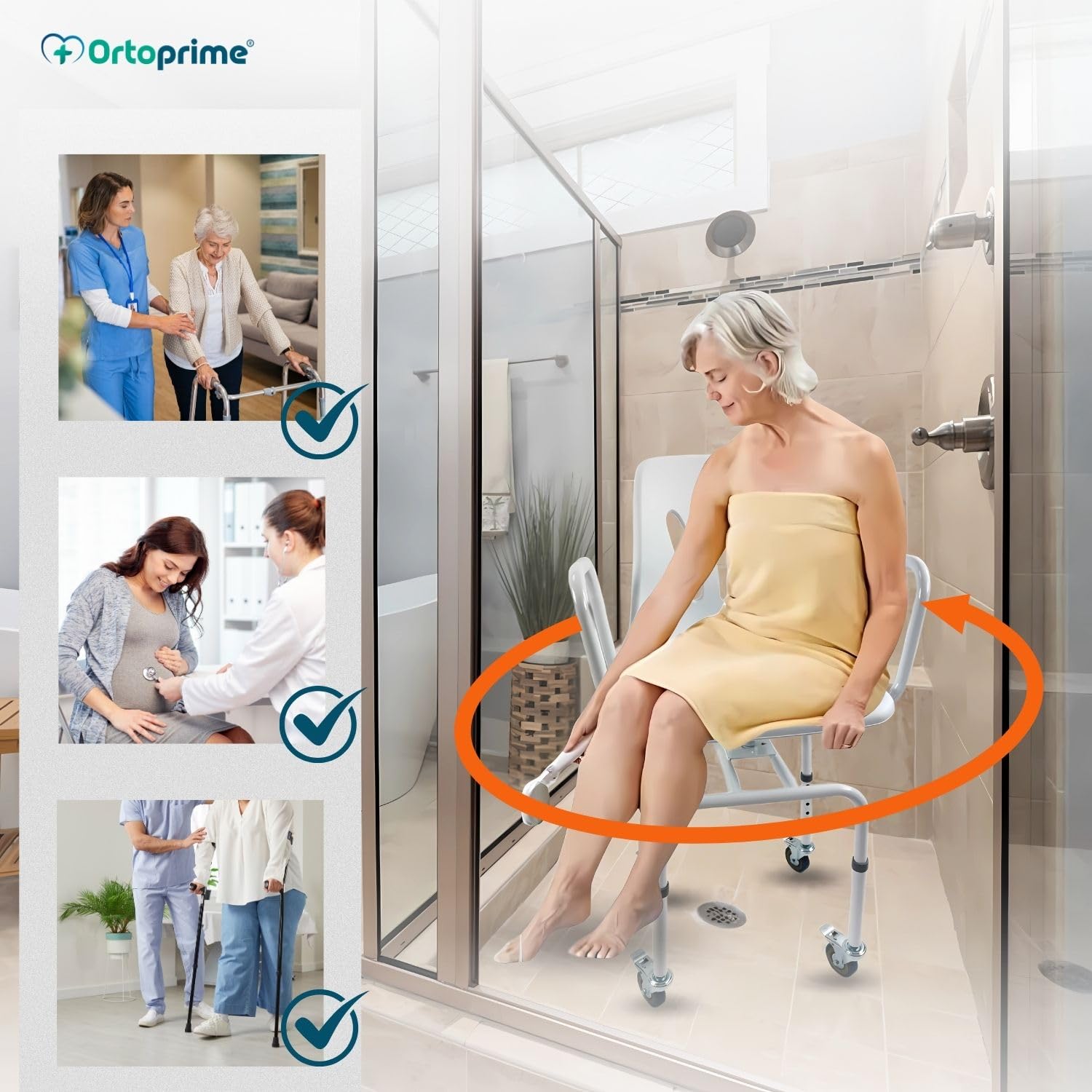 OrtoPrime Silla Ducha Personas Mayores Asiento Giratorio 360º Silla Ducha Mayores Silla Baño Ancianos Ducha - Silla Ducha con Ruedas y Frenos - Silla Ortopédica Silla de Ducha para Personas Mayores
