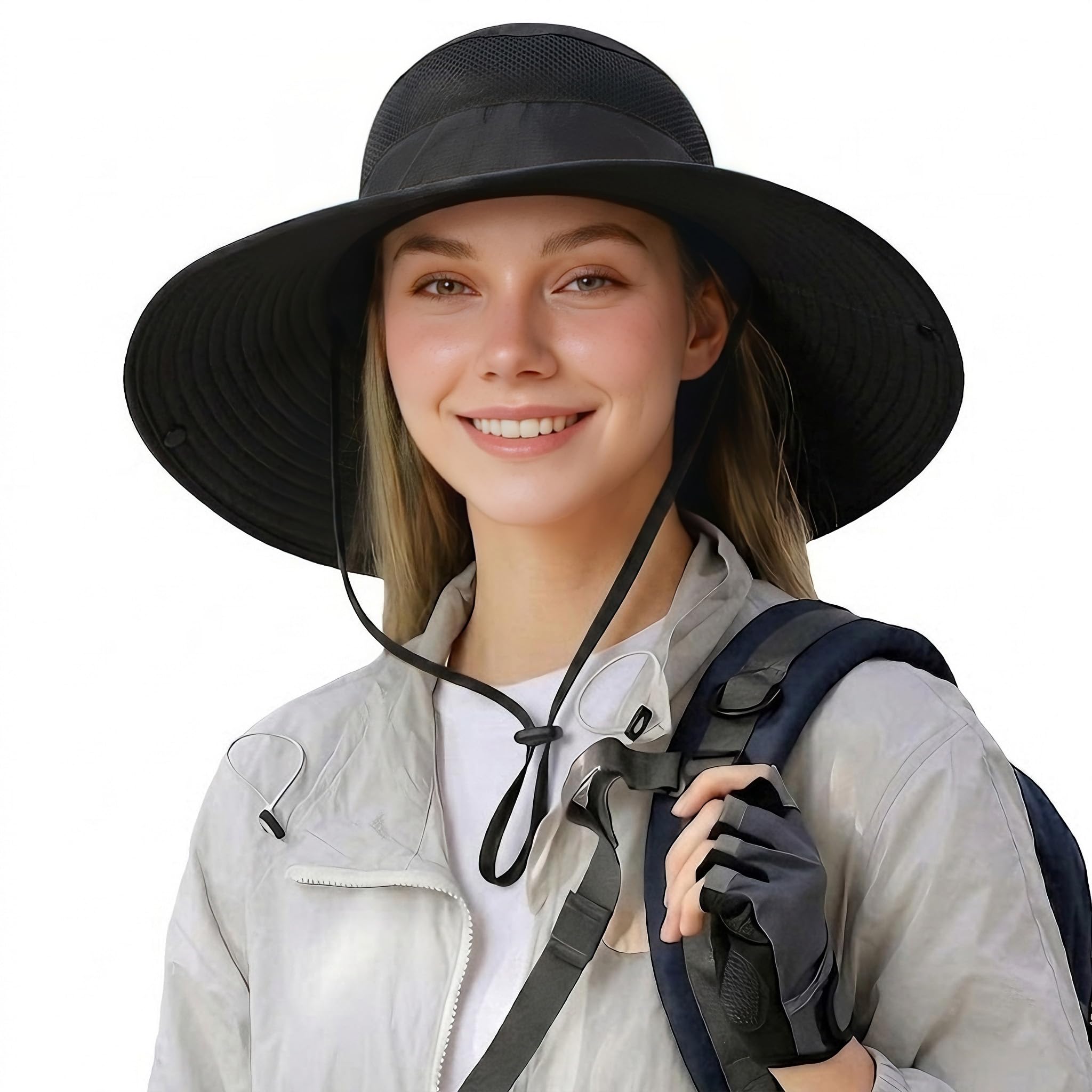 Wide Brim Sun Hat for Men Women UV Protection Ventilated Summer Hats for Fishing Hiking Garden Beach, Hyp017-black, One size