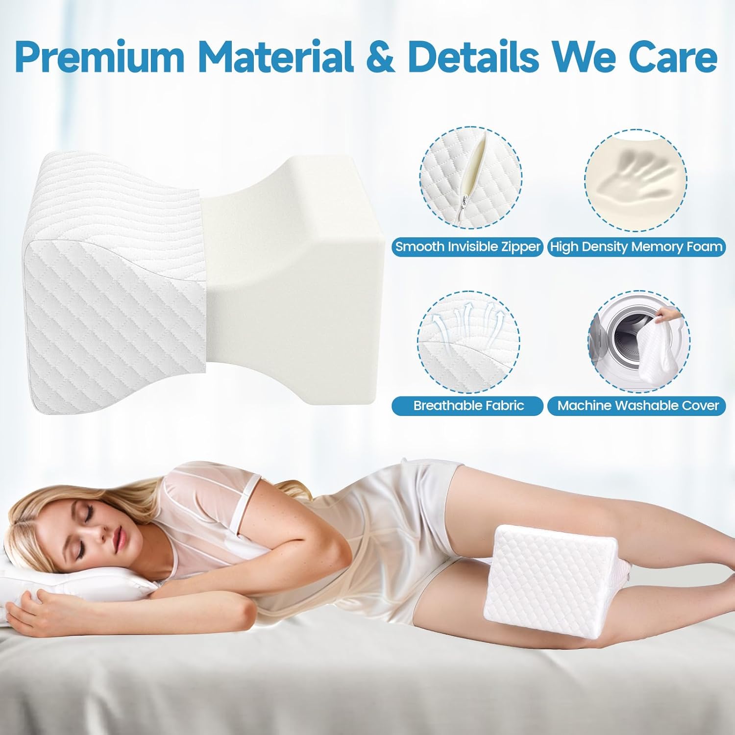Memory Foam Knee Pillow for Side Sleepers, Support Leg Pillow for Side Sleeping, Smooth Spine Alignment Pillow, Cushion for Hip, Back, Sciatica, Knee, Joints Pain Relief, White - Image 3