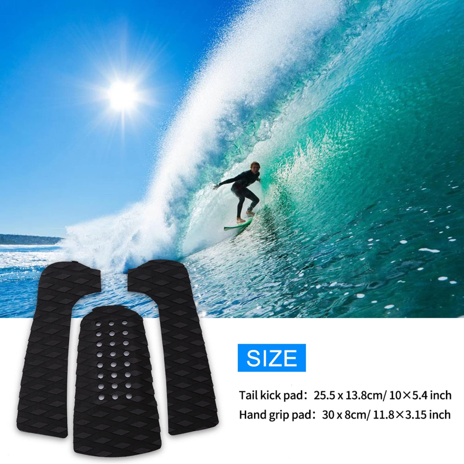 Cyrank 3 Piece Surfboard Deck Traction Pads, Adhesive Traction Pad Maximum Grip for Stomp Skimboards, Surf Boards, Funboard, Fish Board(Black)